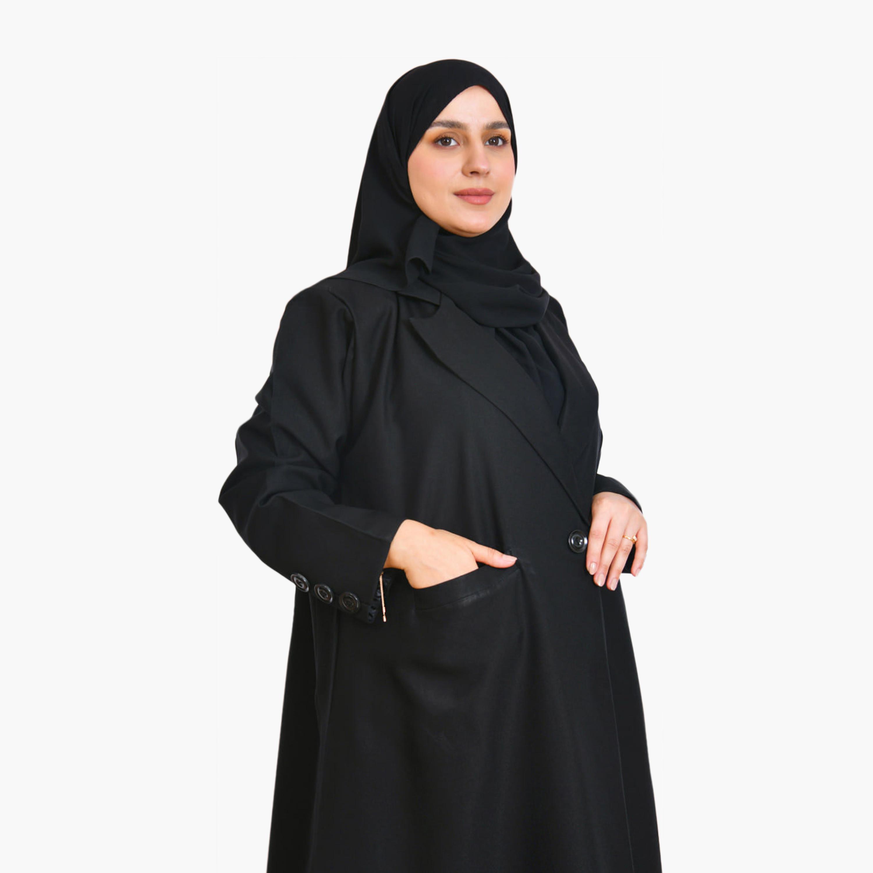 Beyond Abaya Black Lapel Collar Linen Women's Formal Coat Style Abaya with Hijab-women-arabicclothing-abayas-image-2