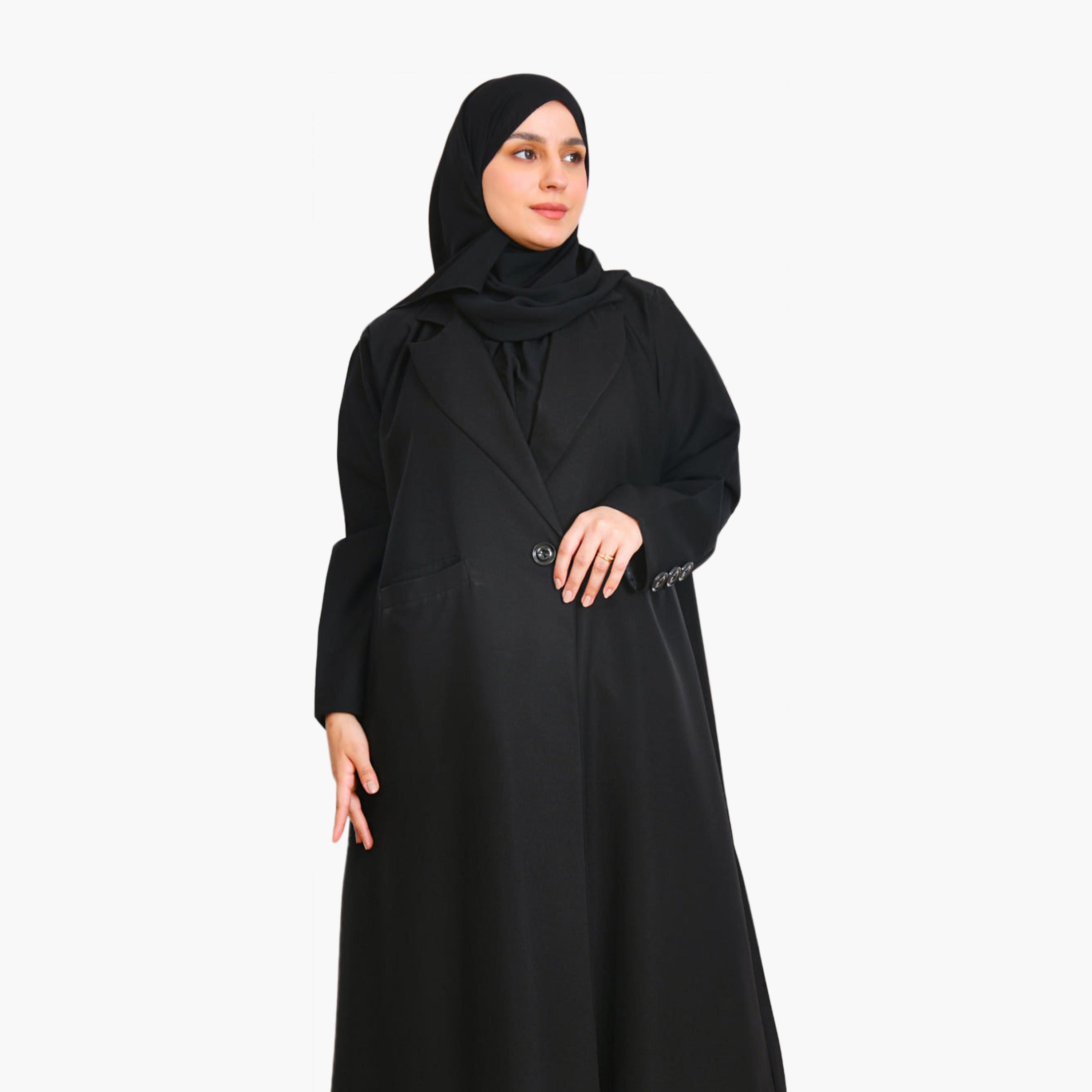 Beyond Abaya Black Lapel Collar Linen Women's Formal Coat Style Abaya with Hijab-women-arabicclothing-abayas-image-3