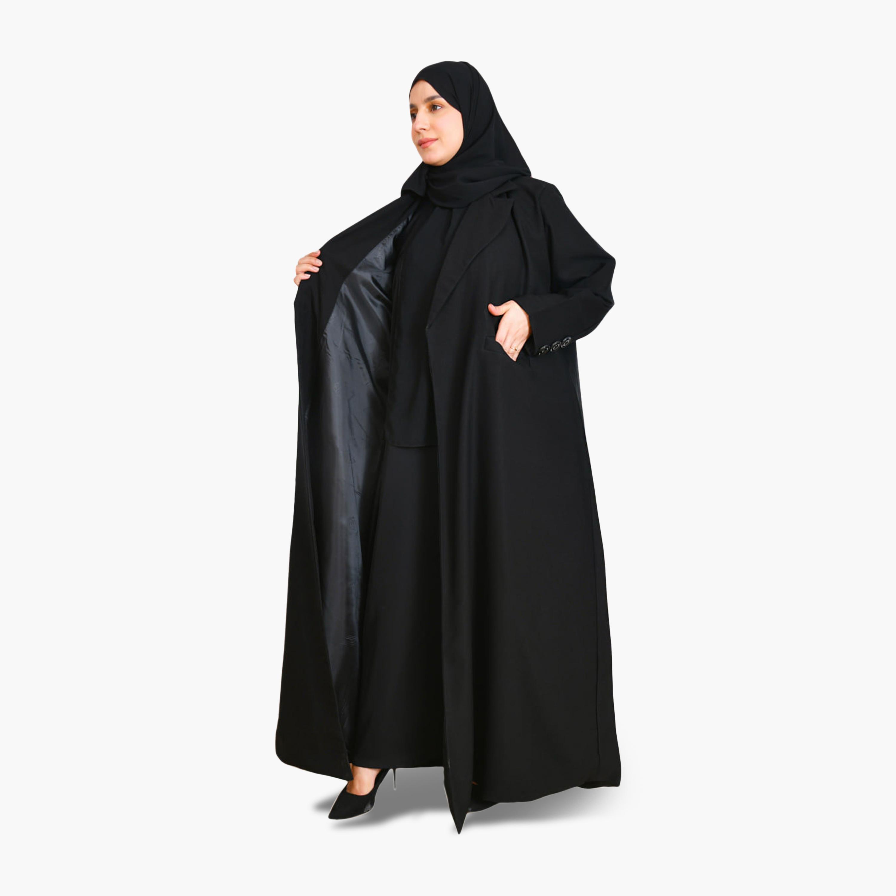 Beyond Abaya Black Lapel Collar Linen Women's Formal Coat Style Abaya with Hijab-women-arabicclothing-abayas-image-4