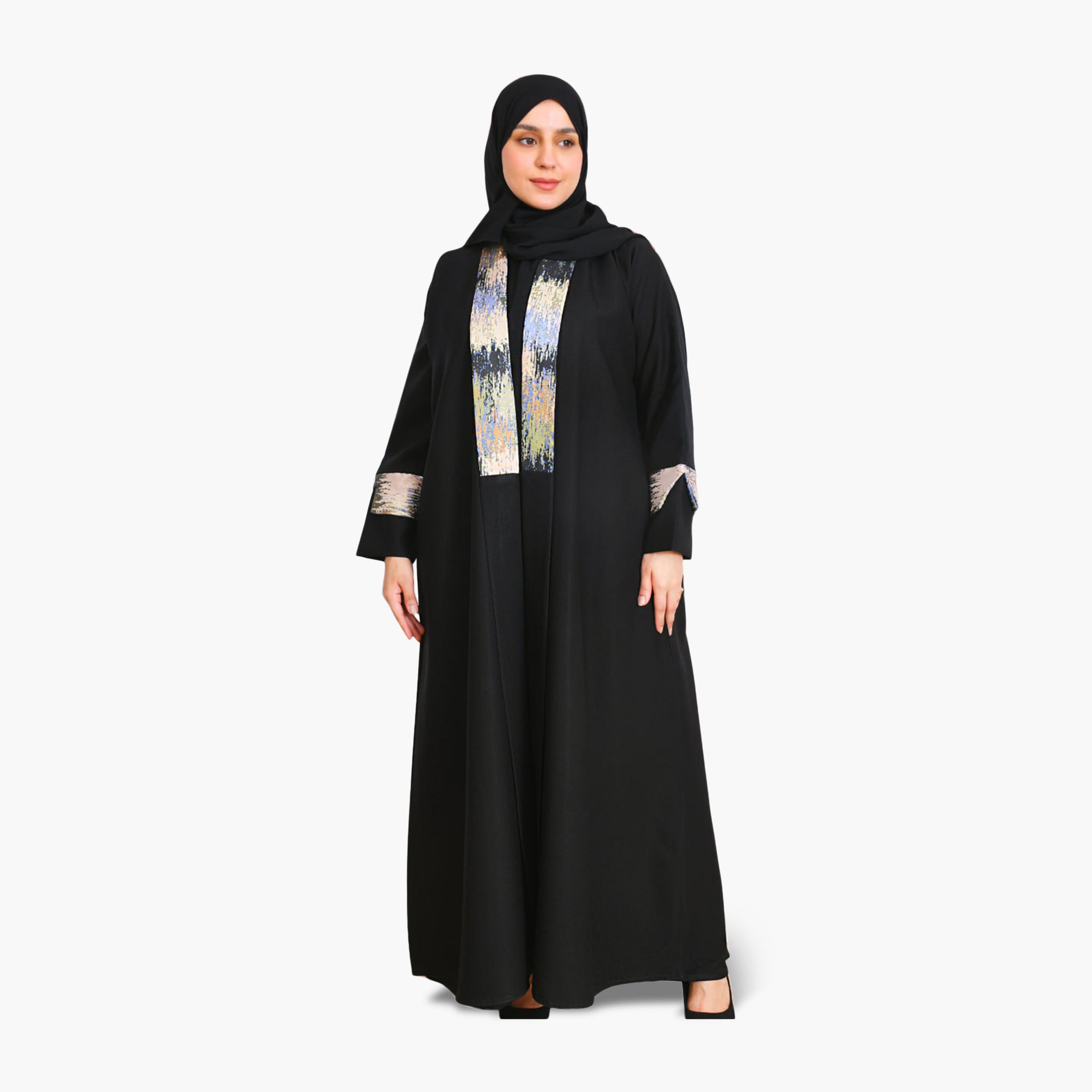Beyond Abaya Black Contrast Detailed Linen Women's Abaya with Hijab-women-arabicclothing-abayas-image-1