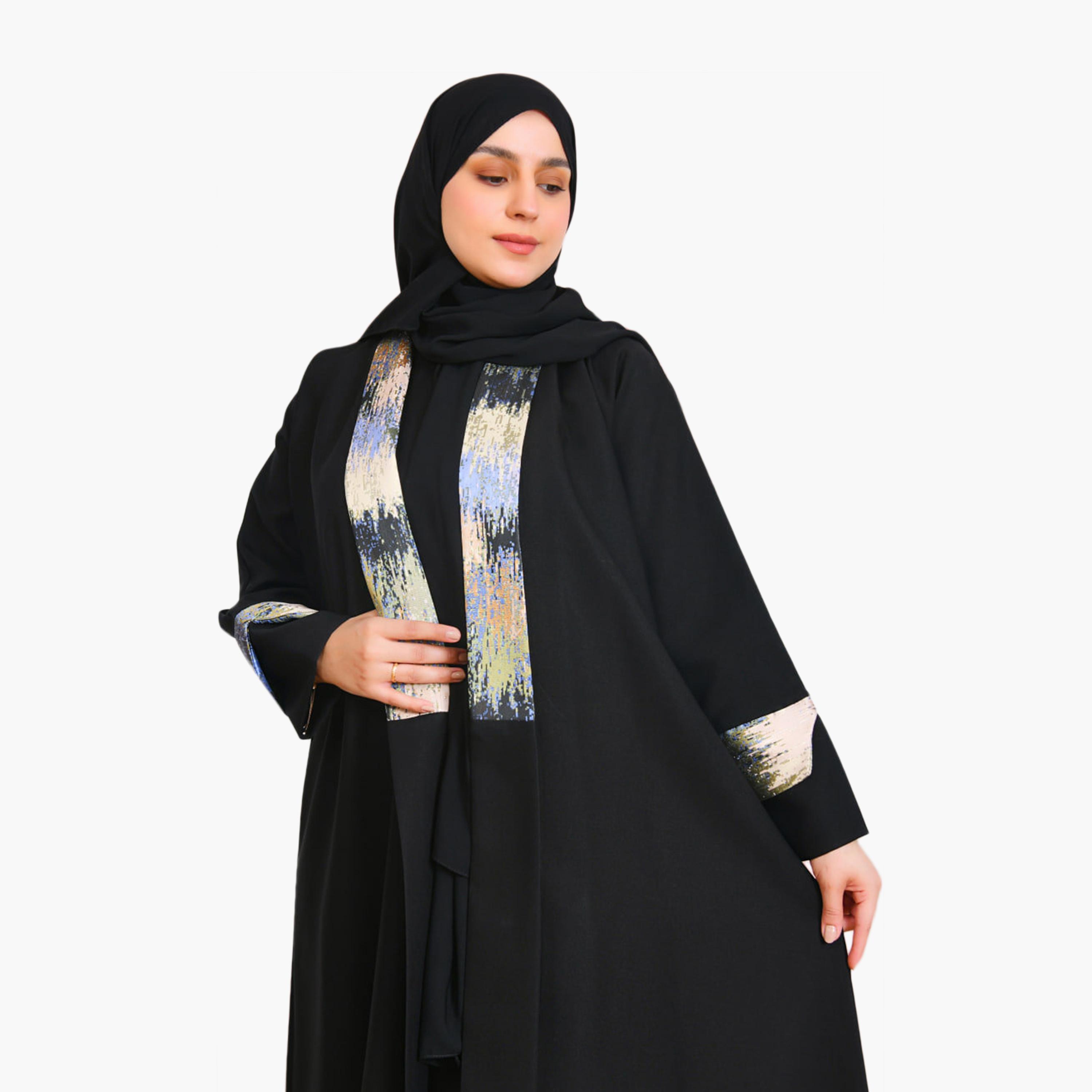 Beyond Abaya Black Contrast Detailed Linen Women's Abaya with Hijab-women-arabicclothing-abayas-image-2