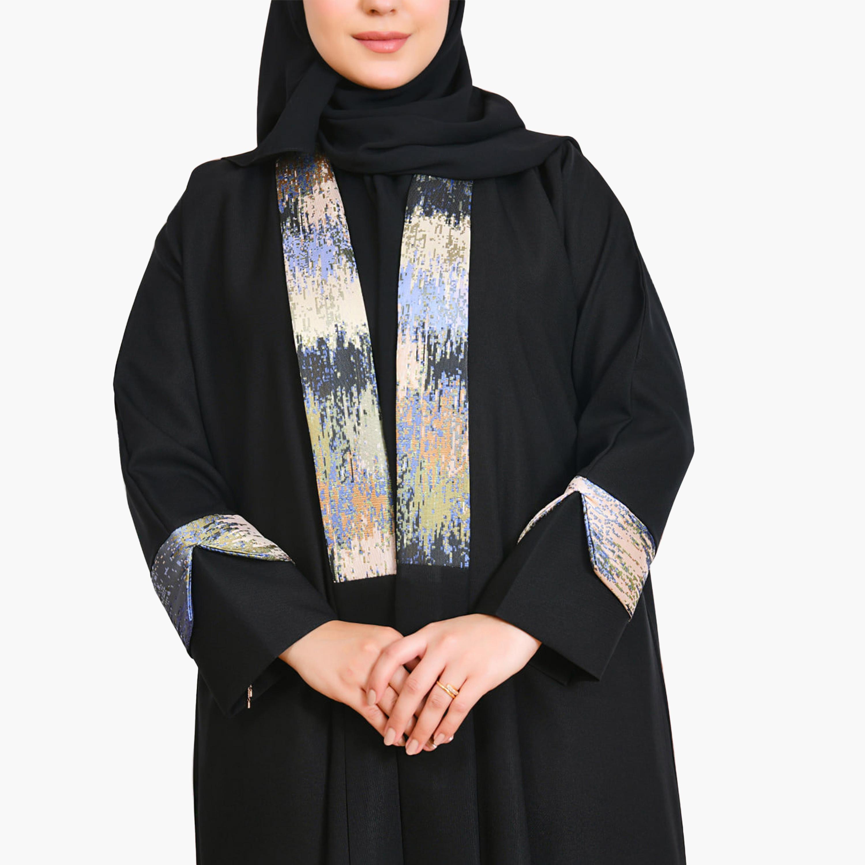 Beyond Abaya Black Contrast Detailed Linen Women's Abaya with Hijab-women-arabicclothing-abayas-image-3