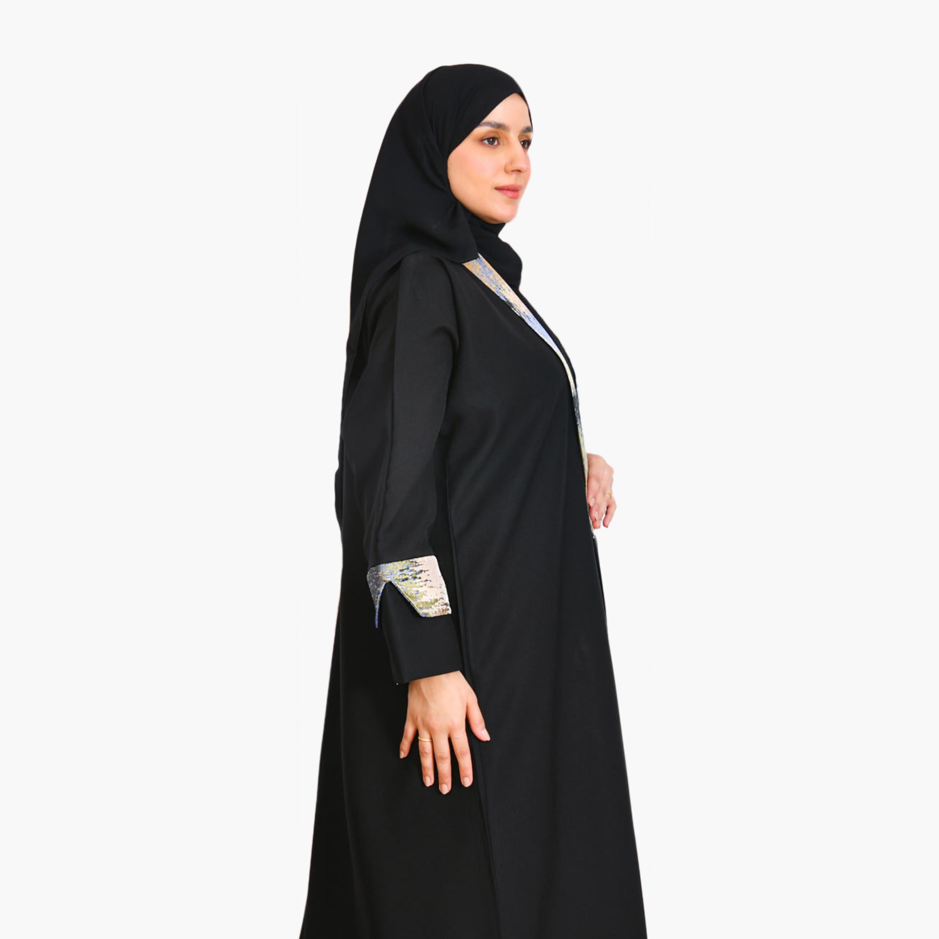 Beyond Abaya Black Contrast Detailed Linen Women's Abaya with Hijab-women-arabicclothing-abayas-image-4