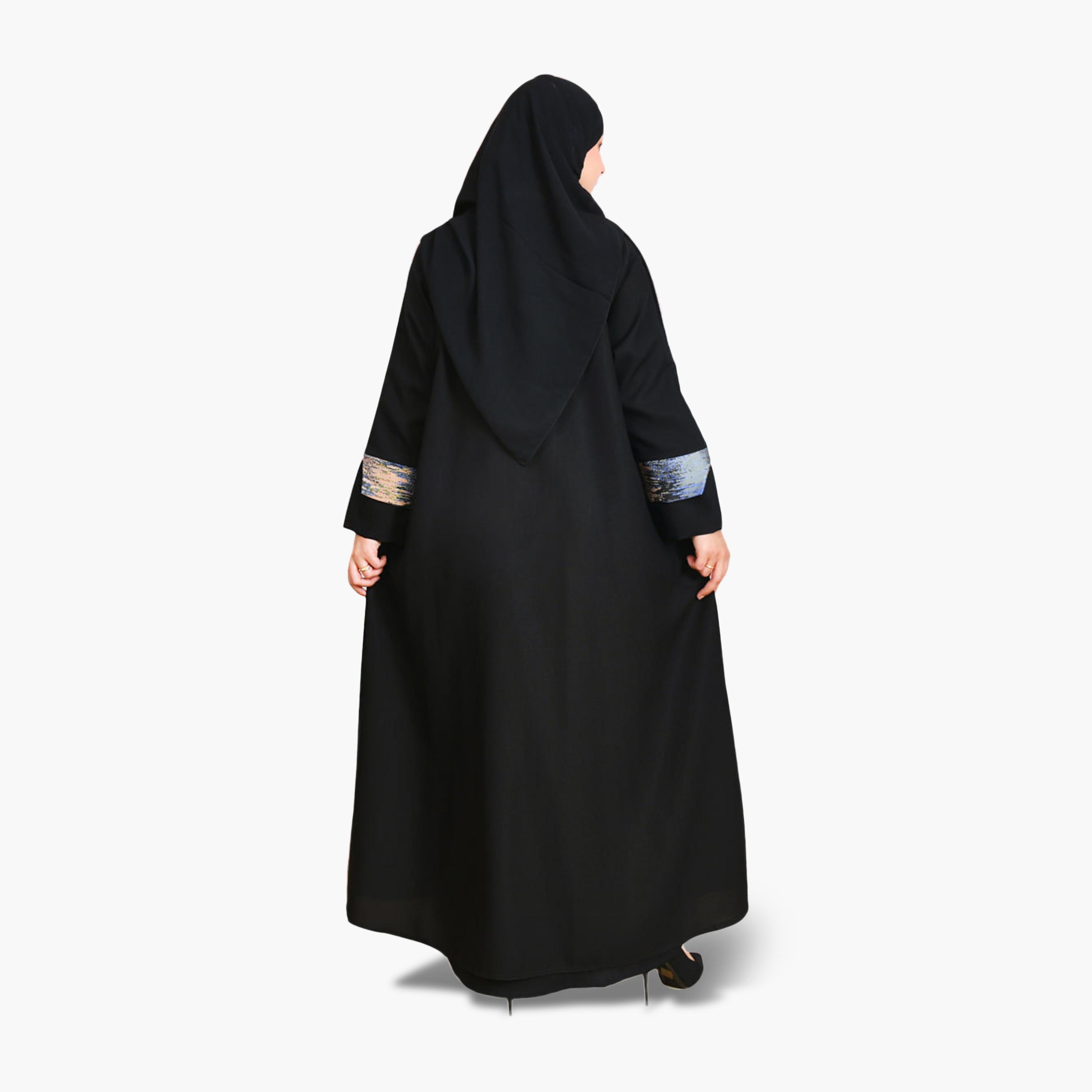 Beyond Abaya Black Contrast Detailed Linen Women's Abaya with Hijab-women-arabicclothing-abayas-image-5