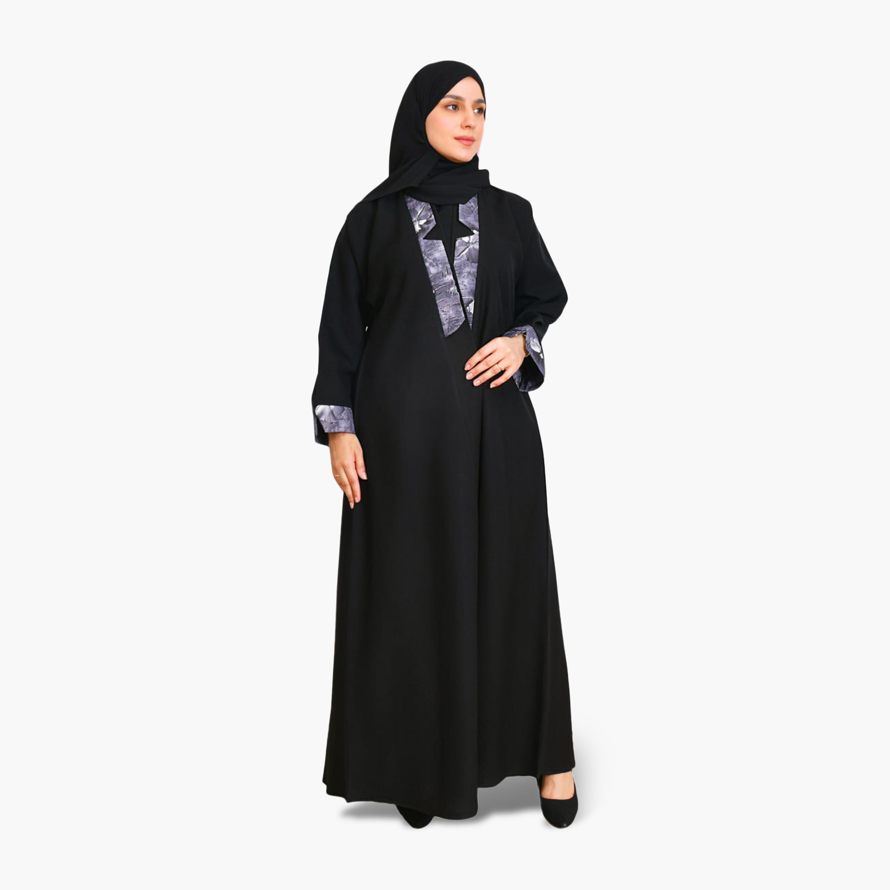 Beyond Abaya Black Contrast Detailed Linen Women's Abaya with Hijab-women-arabicclothing-abayas-image-1
