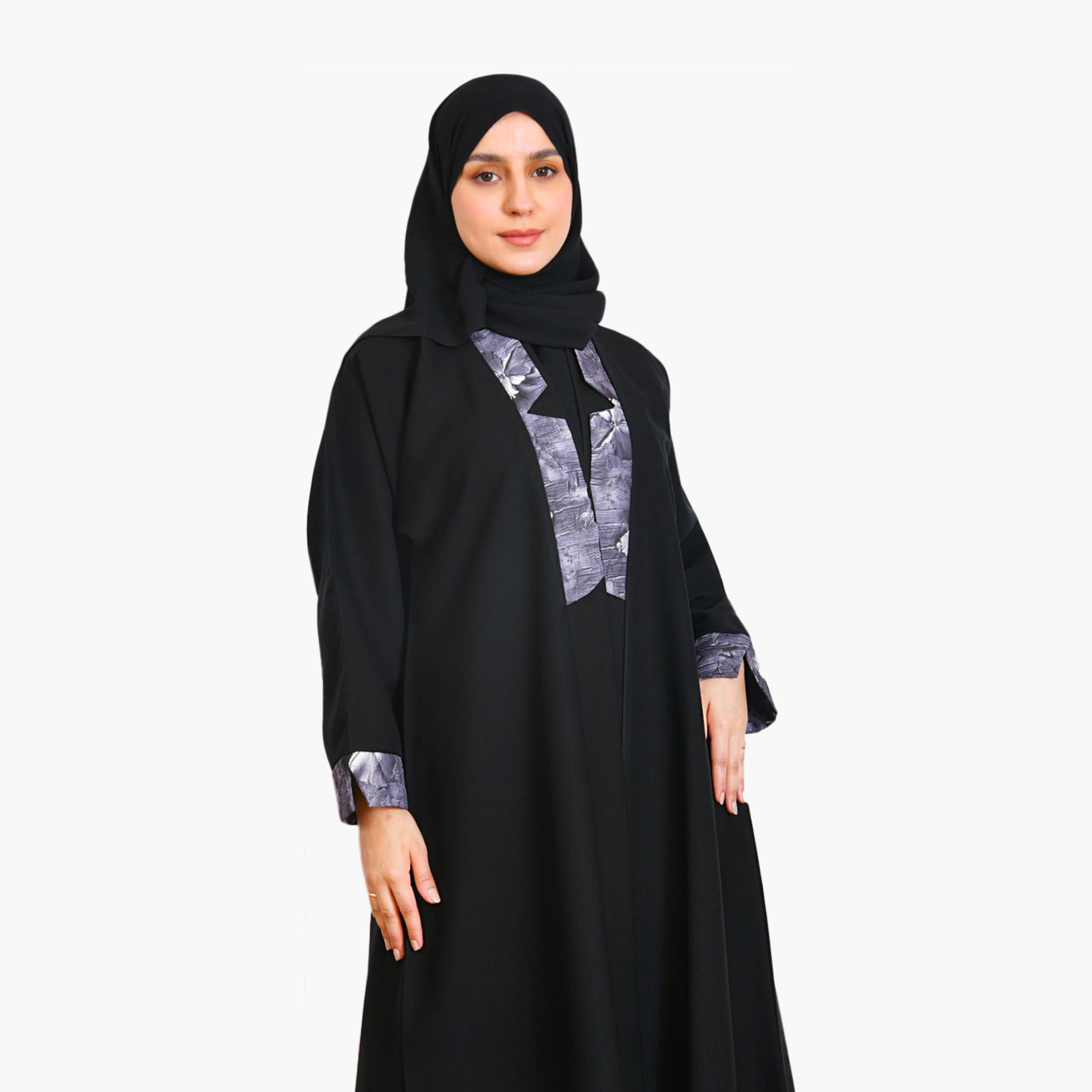 Beyond Abaya Black Contrast Detailed Linen Women's Abaya with Hijab-women-arabicclothing-abayas-image-2
