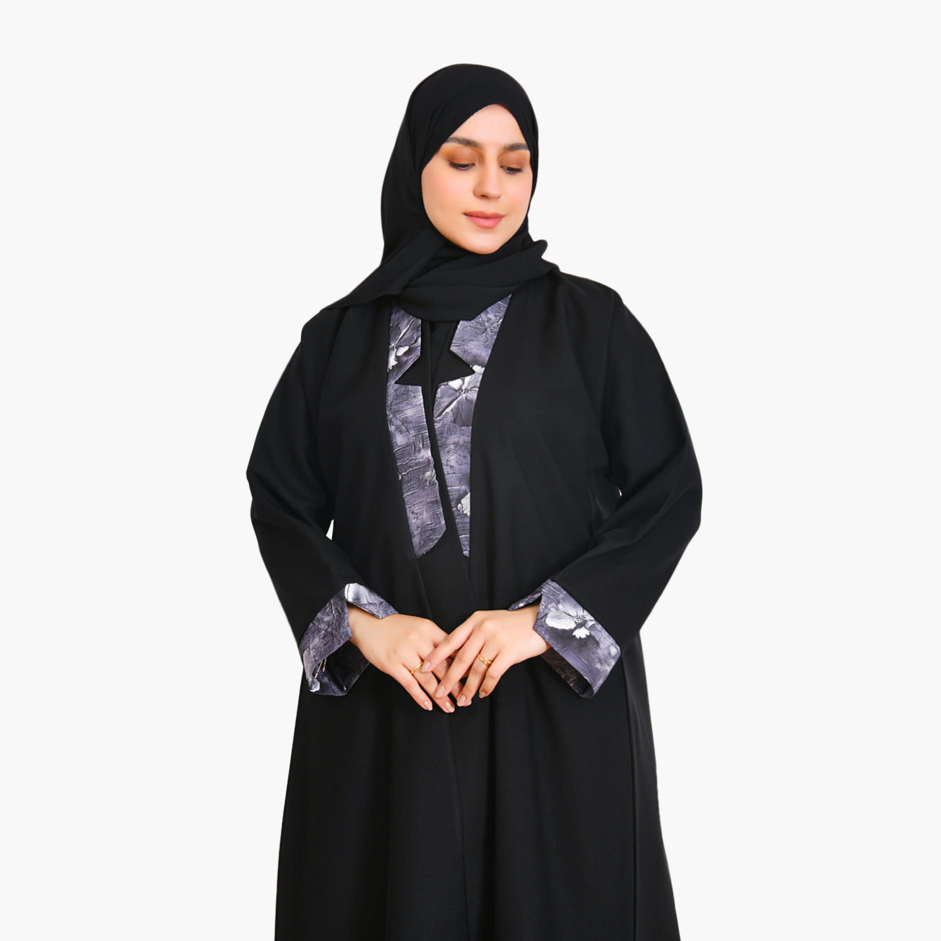 Beyond Abaya Black Contrast Detailed Linen Women's Abaya with Hijab-women-arabicclothing-abayas-image-3