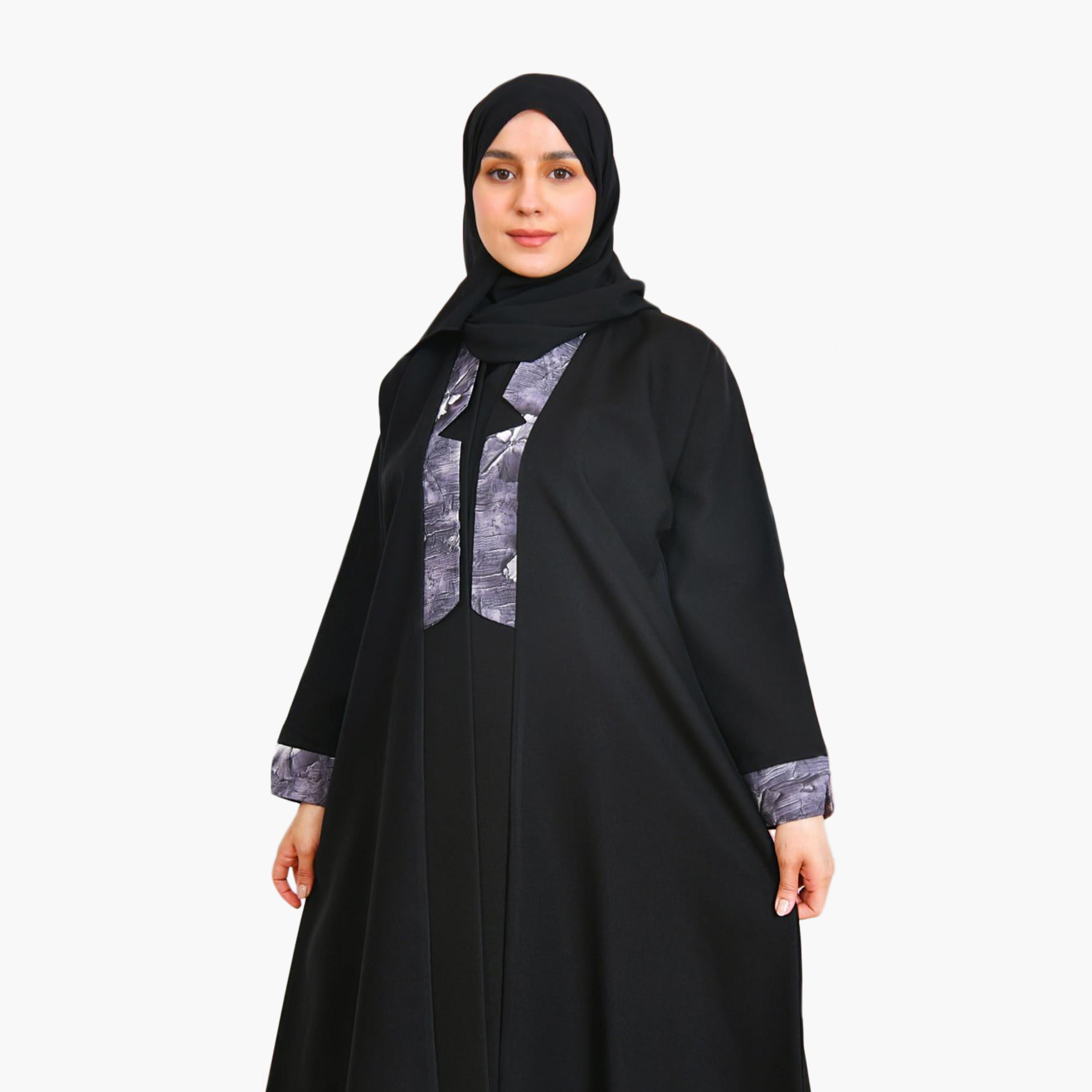 Beyond Abaya Black Contrast Detailed Linen Women's Abaya with Hijab-women-arabicclothing-abayas-image-4