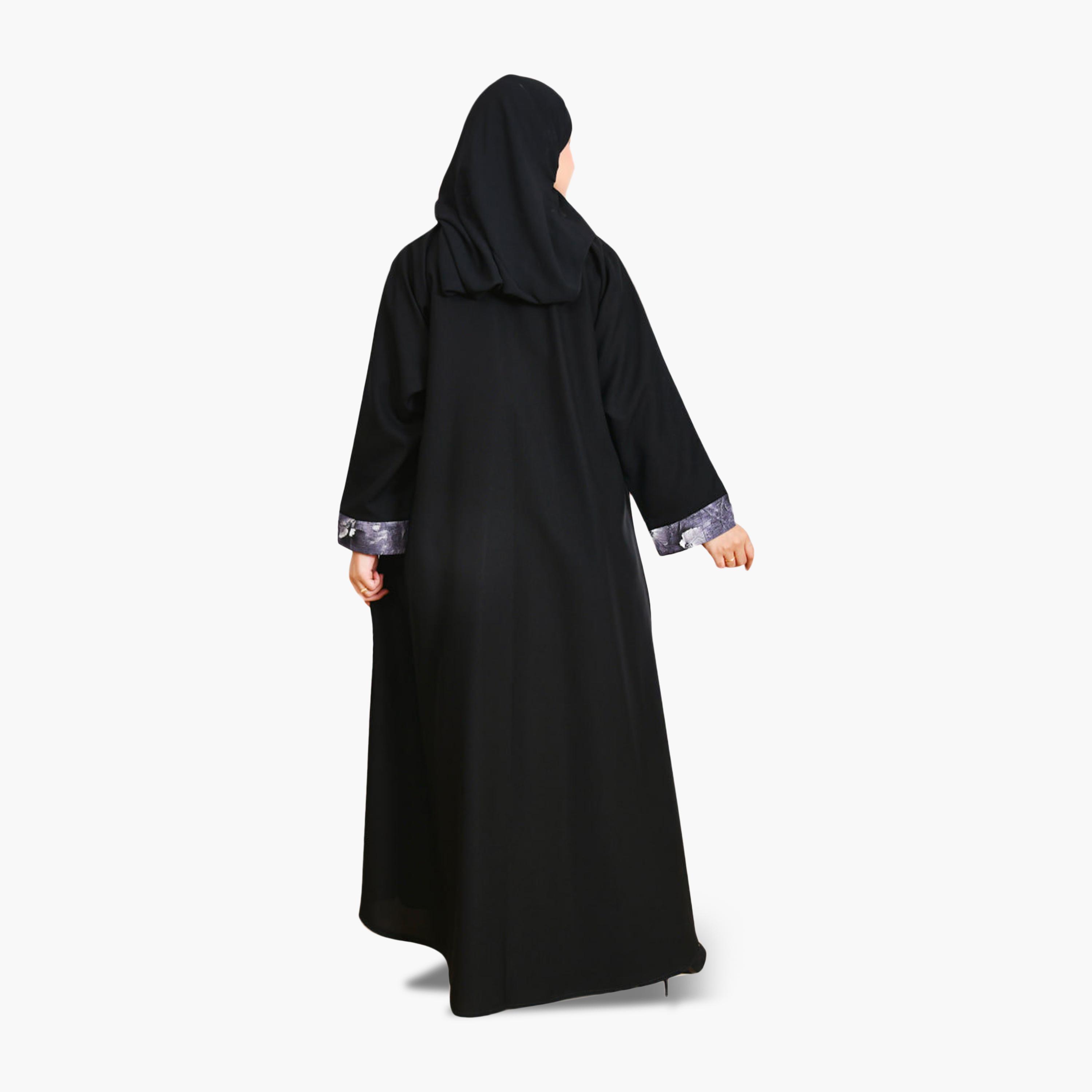 Beyond Abaya Black Contrast Detailed Linen Women's Abaya with Hijab-women-arabicclothing-abayas-image-5