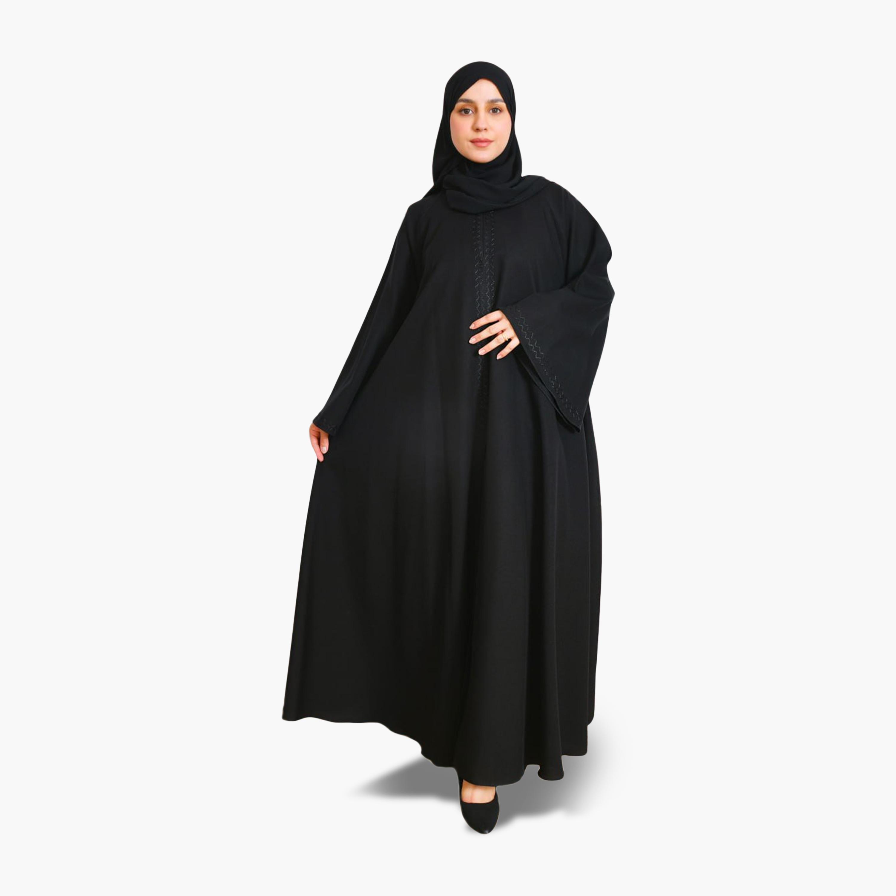 Beyond Abaya Black Wide Sleeves Linen Women's Cloche Abaya with Hijab-women-arabicclothing-abayas-image-1