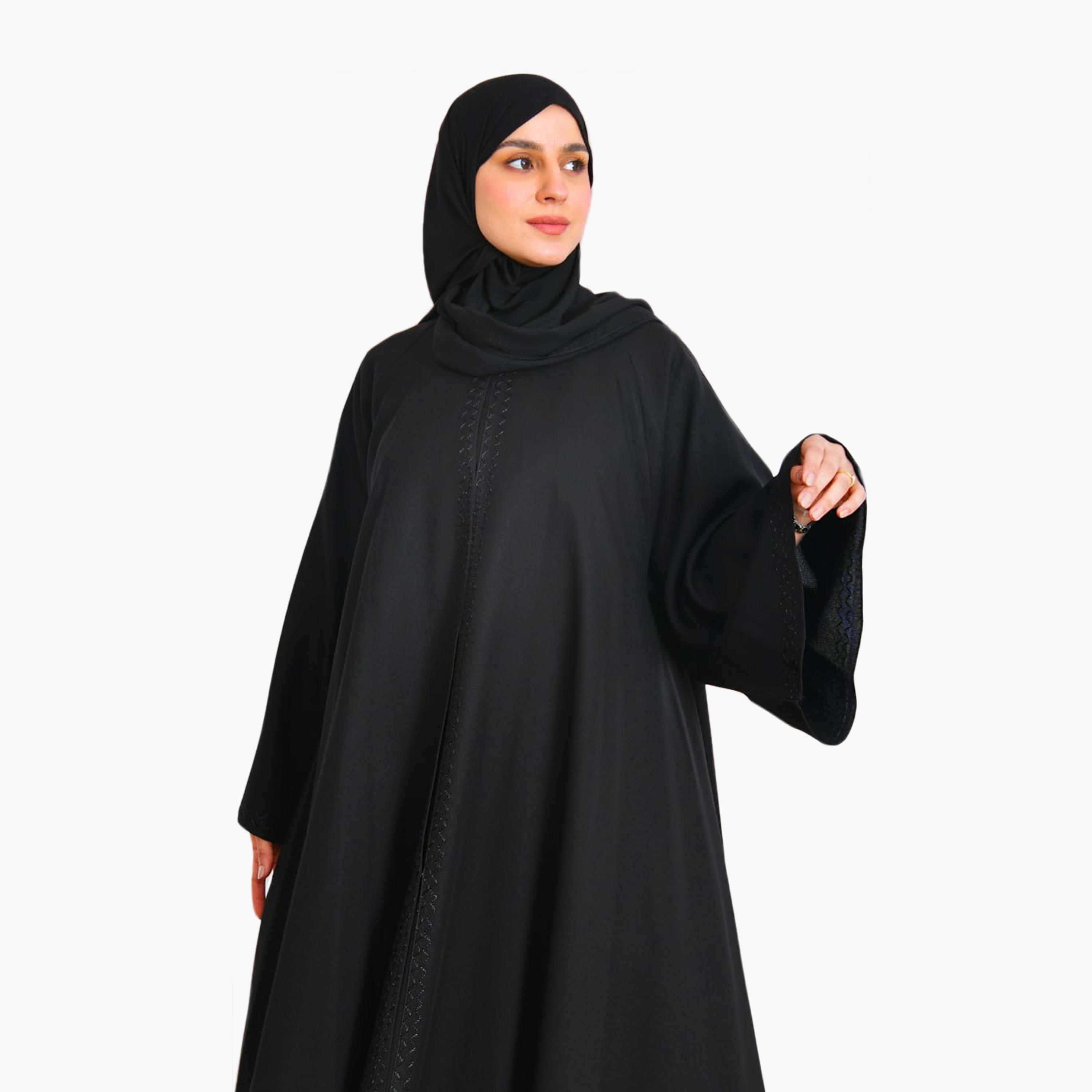 Beyond Abaya Black Wide Sleeves Linen Women's Cloche Abaya with Hijab-women-arabicclothing-abayas-image-2
