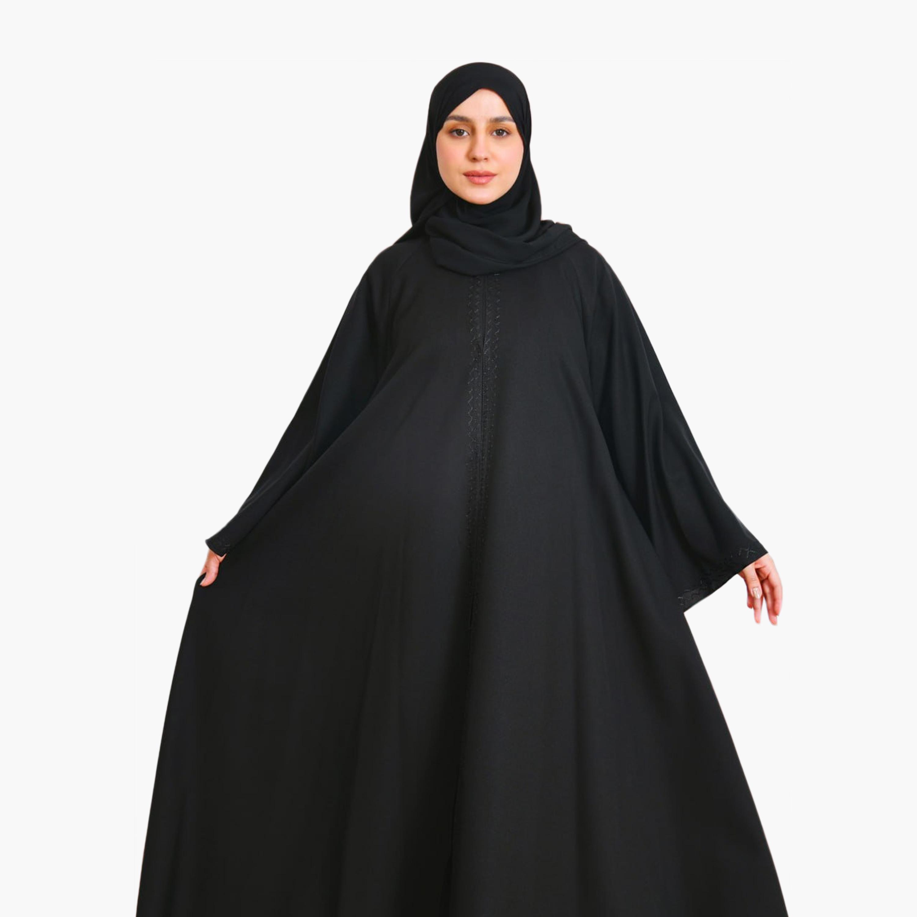 Beyond Abaya Black Wide Sleeves Linen Women's Cloche Abaya with Hijab-women-arabicclothing-abayas-image-3