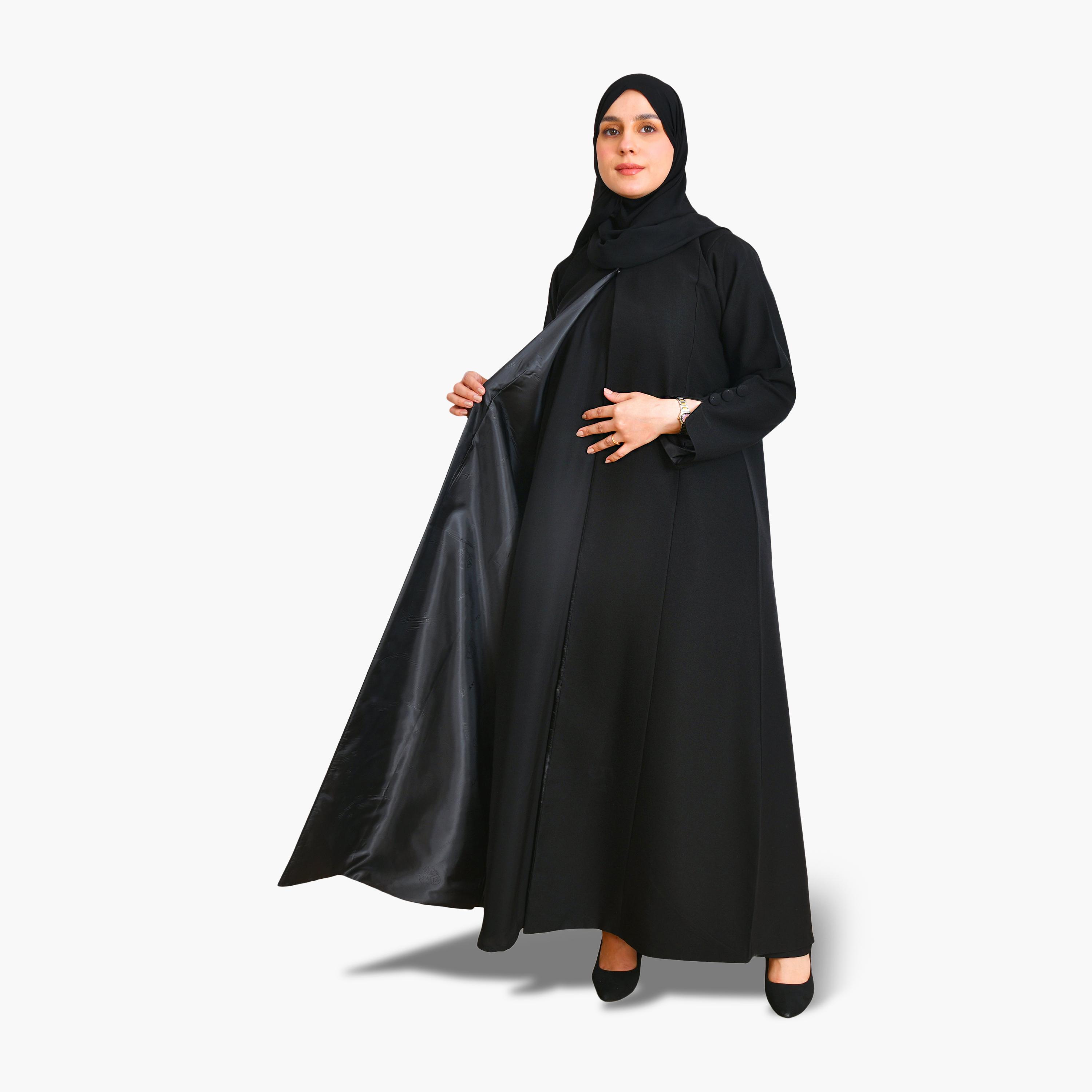 عباية نسائية رسمية من الكتان سوداء بياقة وأكمام مشقوقة بتصميم ربع كلوش مع حجاب من بيوند عباية-women-arabicclothing-abayas-image-5