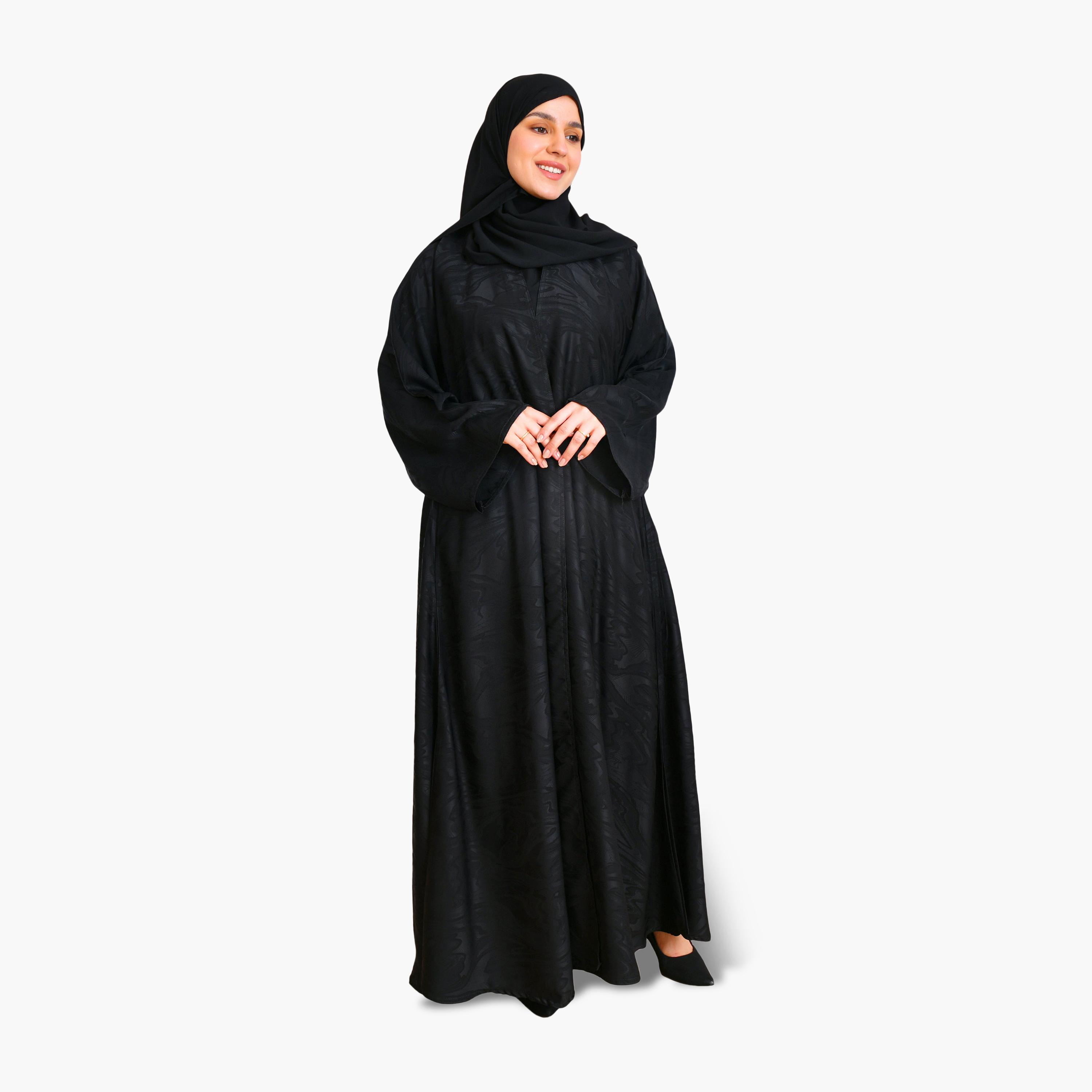 Beyond Abaya Black Abstract Print Wide Sleeves Linen Women's Flared Cloche Abaya with Hijab-women-arabicclothing-abayas-image-1