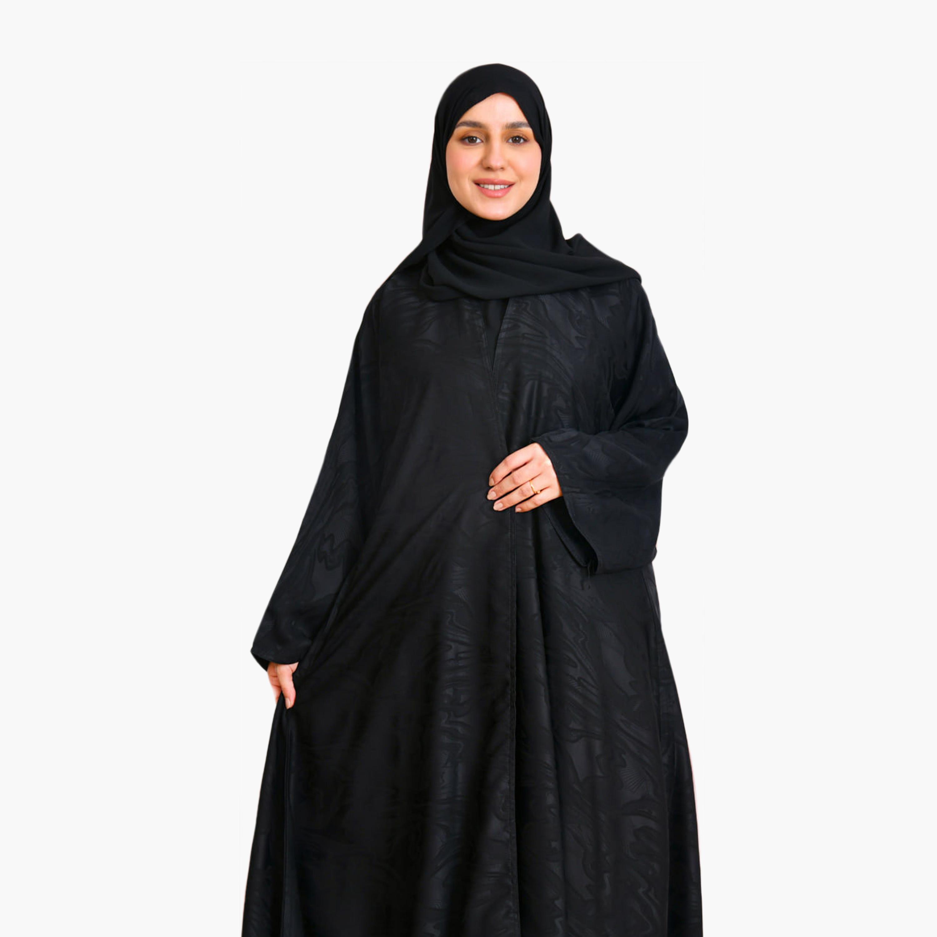 Beyond Abaya Black Abstract Print Wide Sleeves Linen Women's Flared Cloche Abaya with Hijab-women-arabicclothing-abayas-image-2
