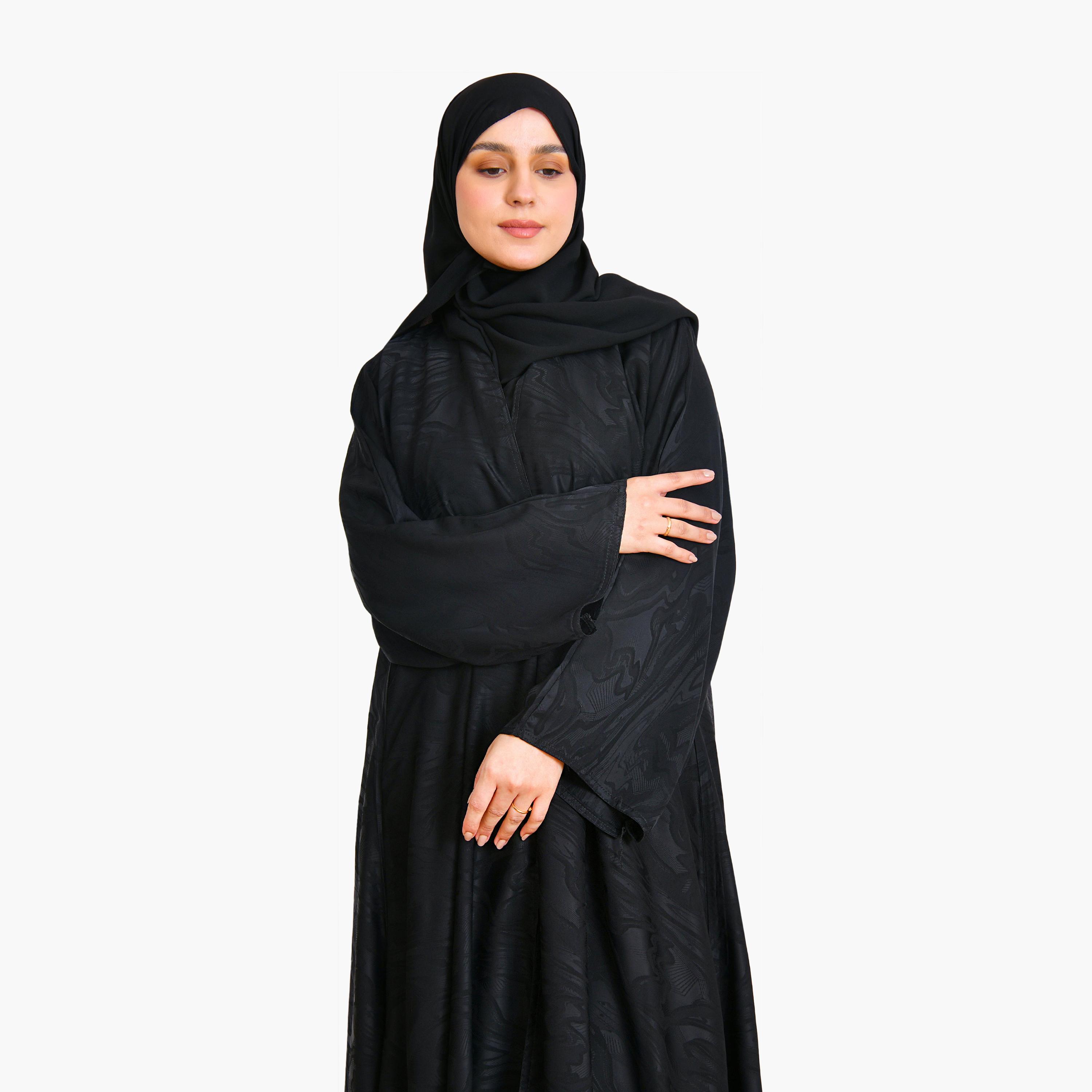 Beyond Abaya Black Abstract Print Wide Sleeves Linen Women's Flared Cloche Abaya with Hijab-women-arabicclothing-abayas-image-3
