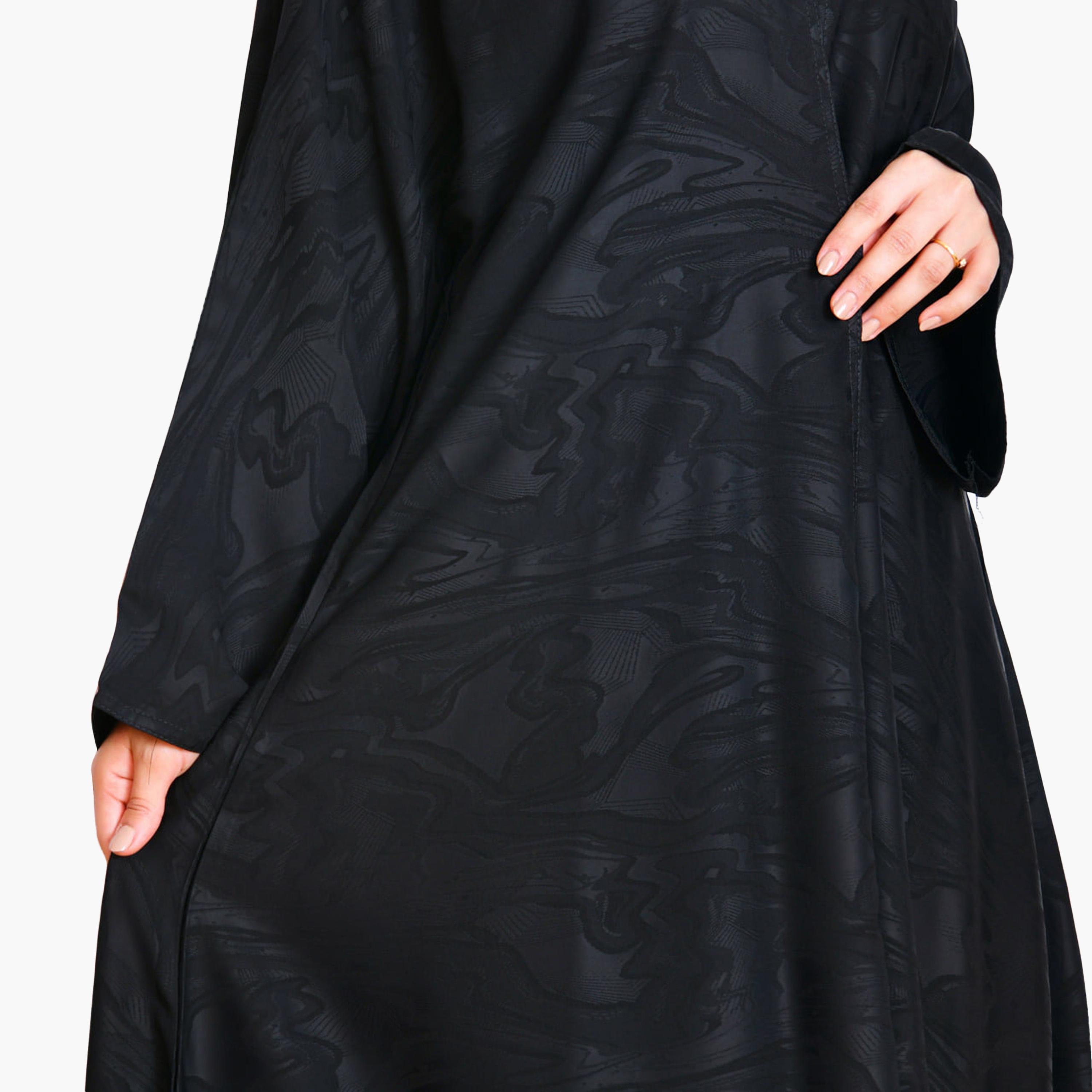 Beyond Abaya Black Abstract Print Wide Sleeves Linen Women's Flared Cloche Abaya with Hijab-women-arabicclothing-abayas-image-4