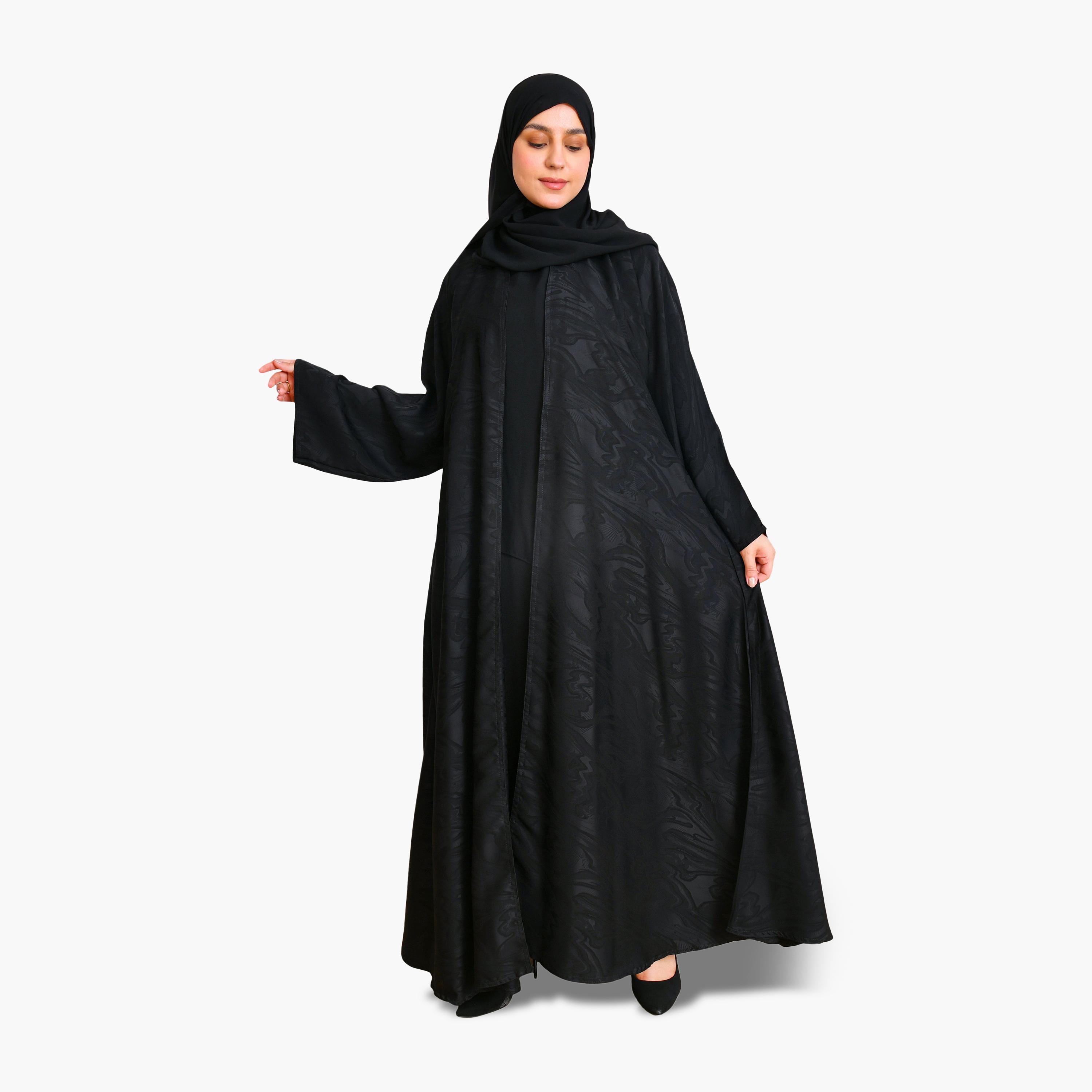 Beyond Abaya Black Abstract Print Wide Sleeves Linen Women's Flared Cloche Abaya with Hijab-women-arabicclothing-abayas-image-5