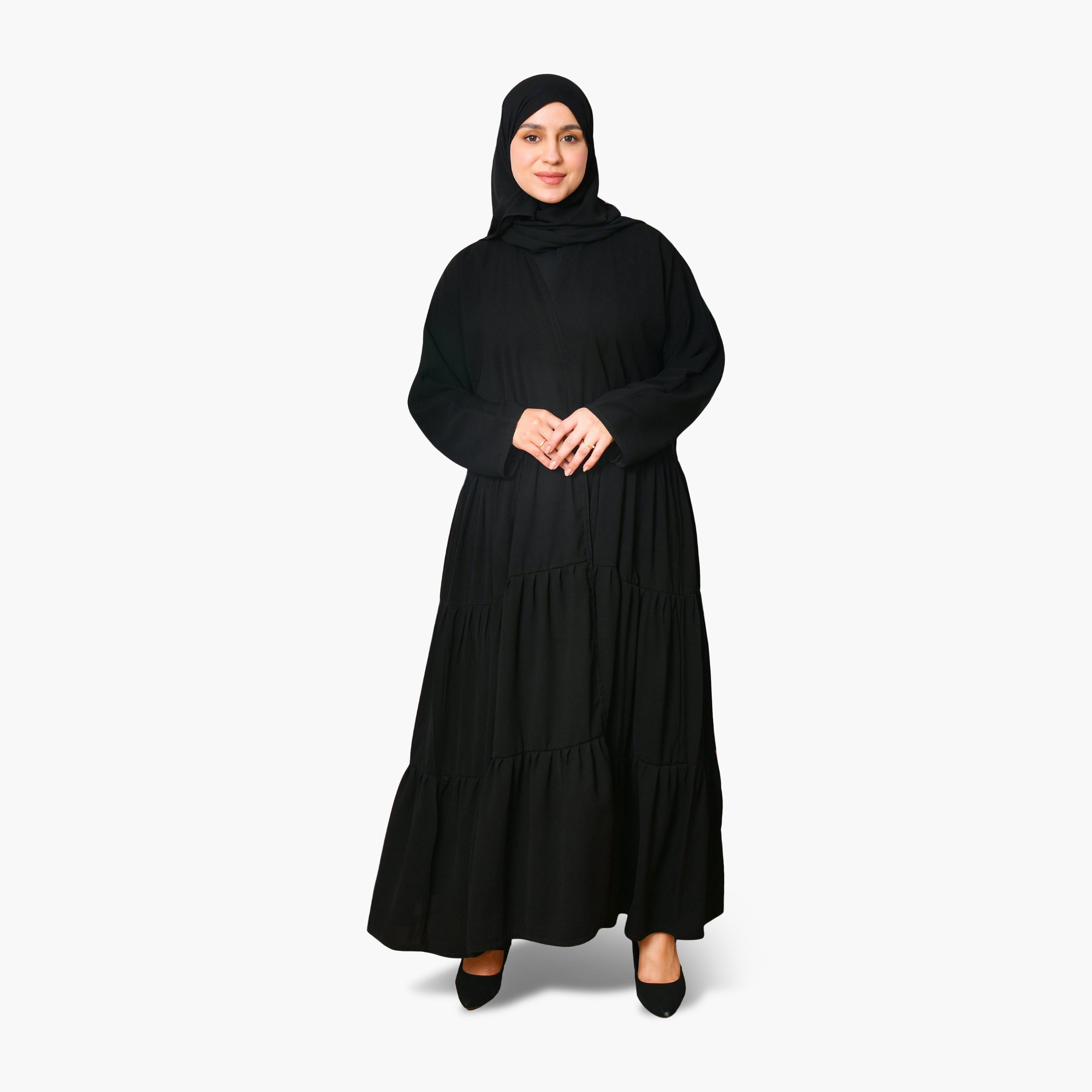 Oya Abaya Black Linen Women's Tiered Cloche Abaya with Hijab-women-arabicclothing-abayas-image-1