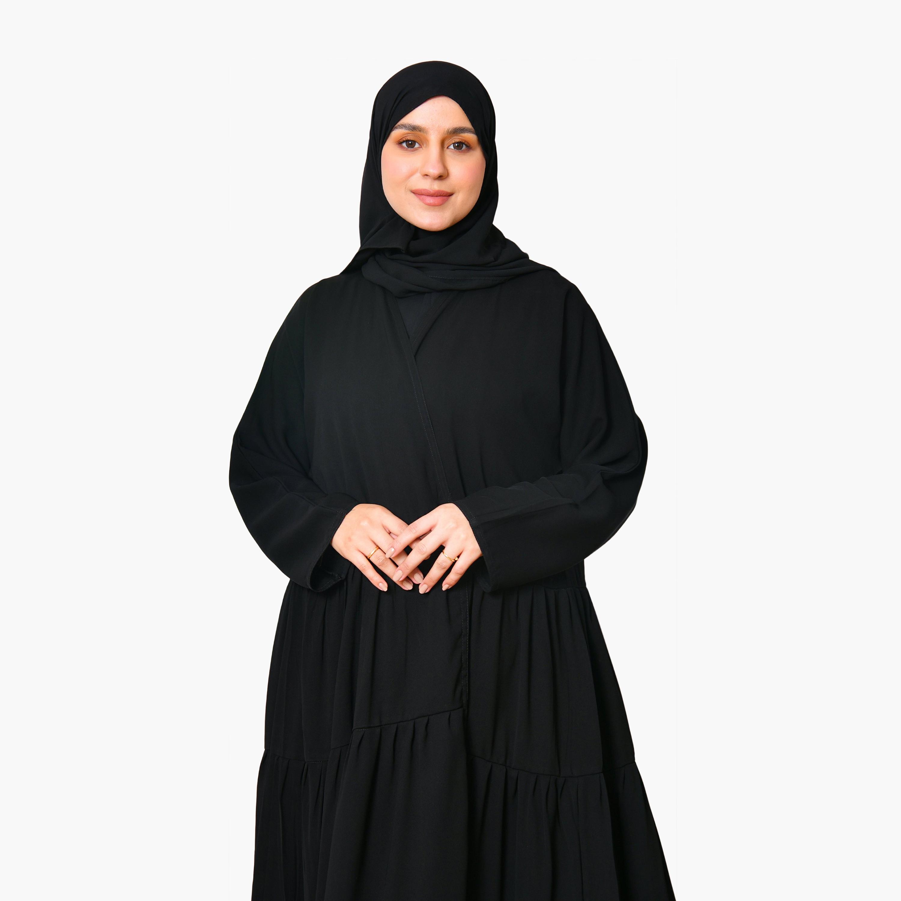 Oya Abaya Black Linen Women's Tiered Cloche Abaya with Hijab-women-arabicclothing-abayas-image-2