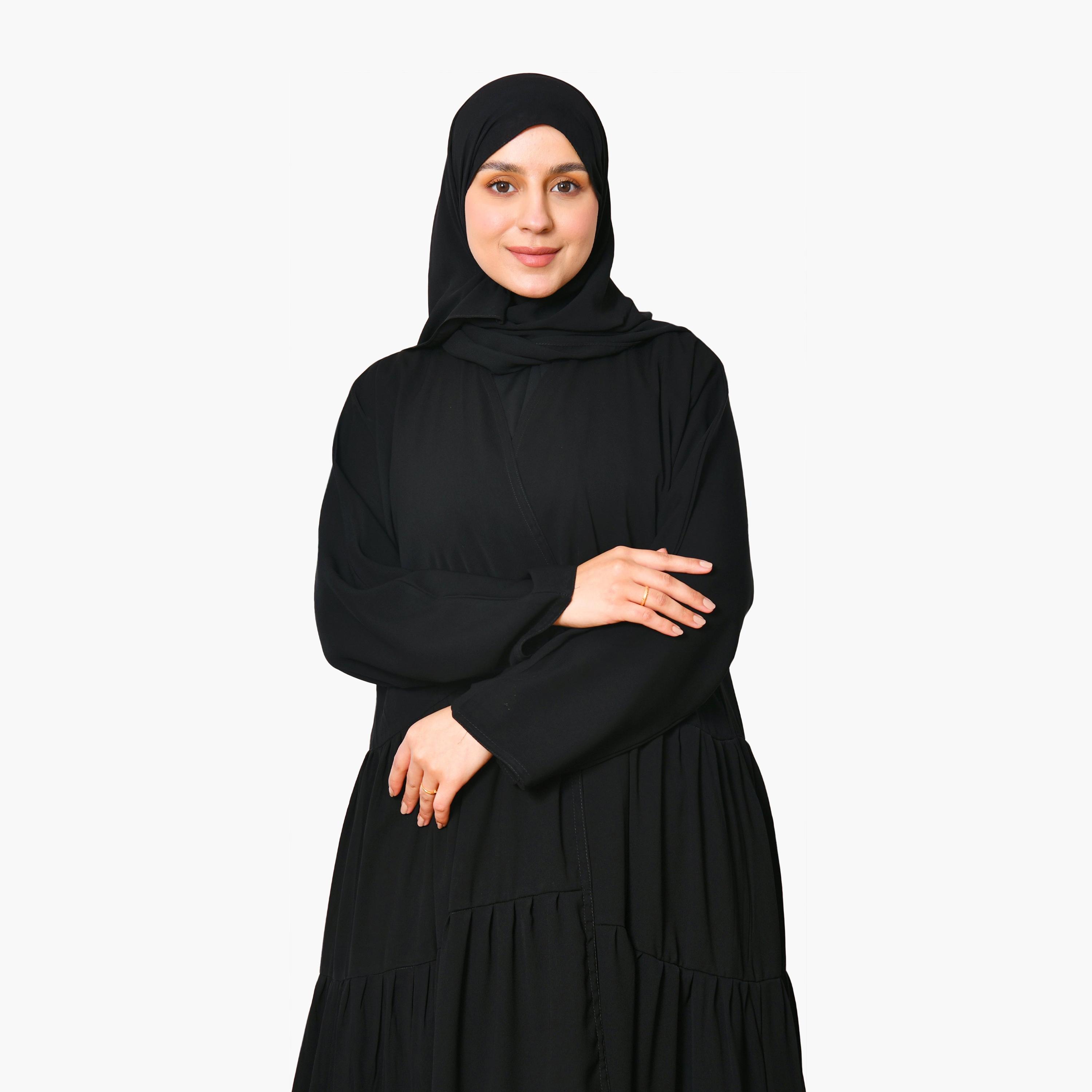 Oya Abaya Black Linen Women's Tiered Cloche Abaya with Hijab-women-arabicclothing-abayas-image-3