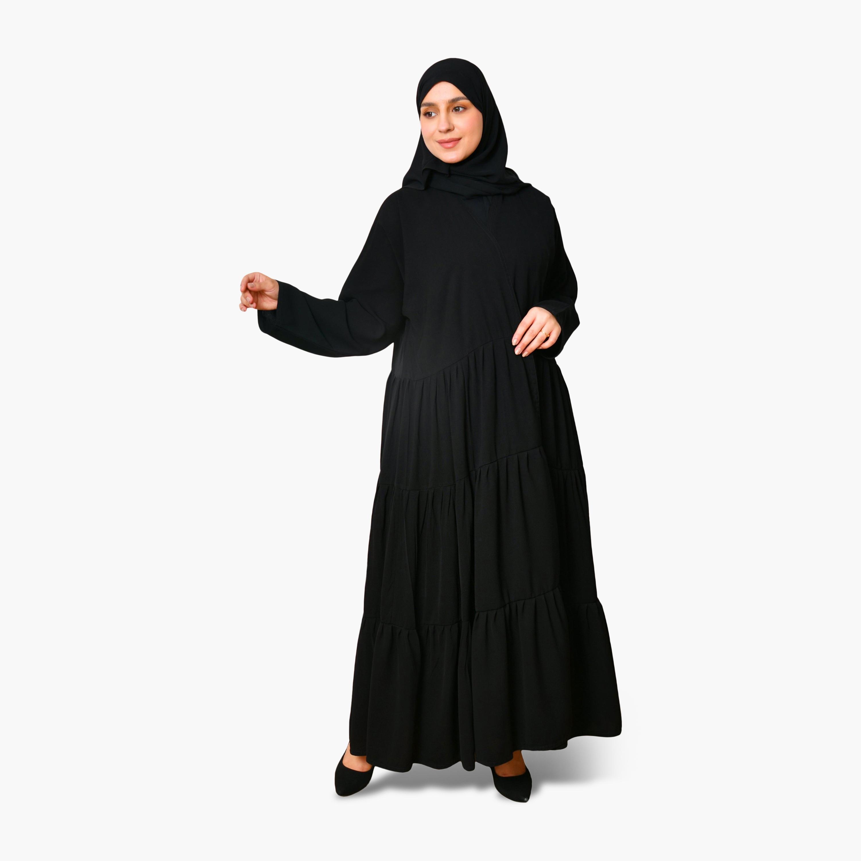 Oya Abaya Black Linen Women's Tiered Cloche Abaya with Hijab-women-arabicclothing-abayas-image-4
