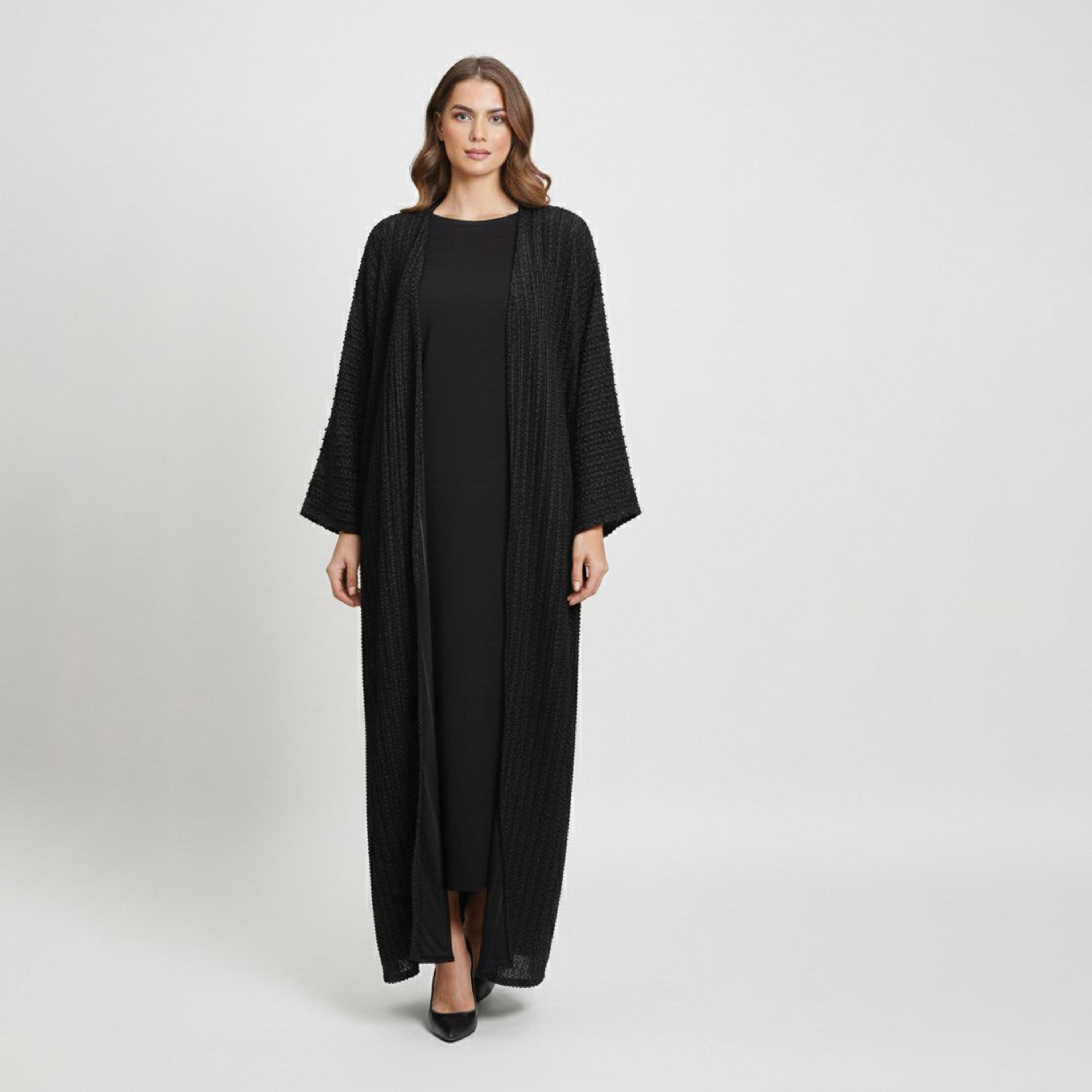 عباية "رُبع بشت" كتان بقماش "تيكستشرد" نسائية - أسود من لمحة-women-arabicclothing-abayas-image-1