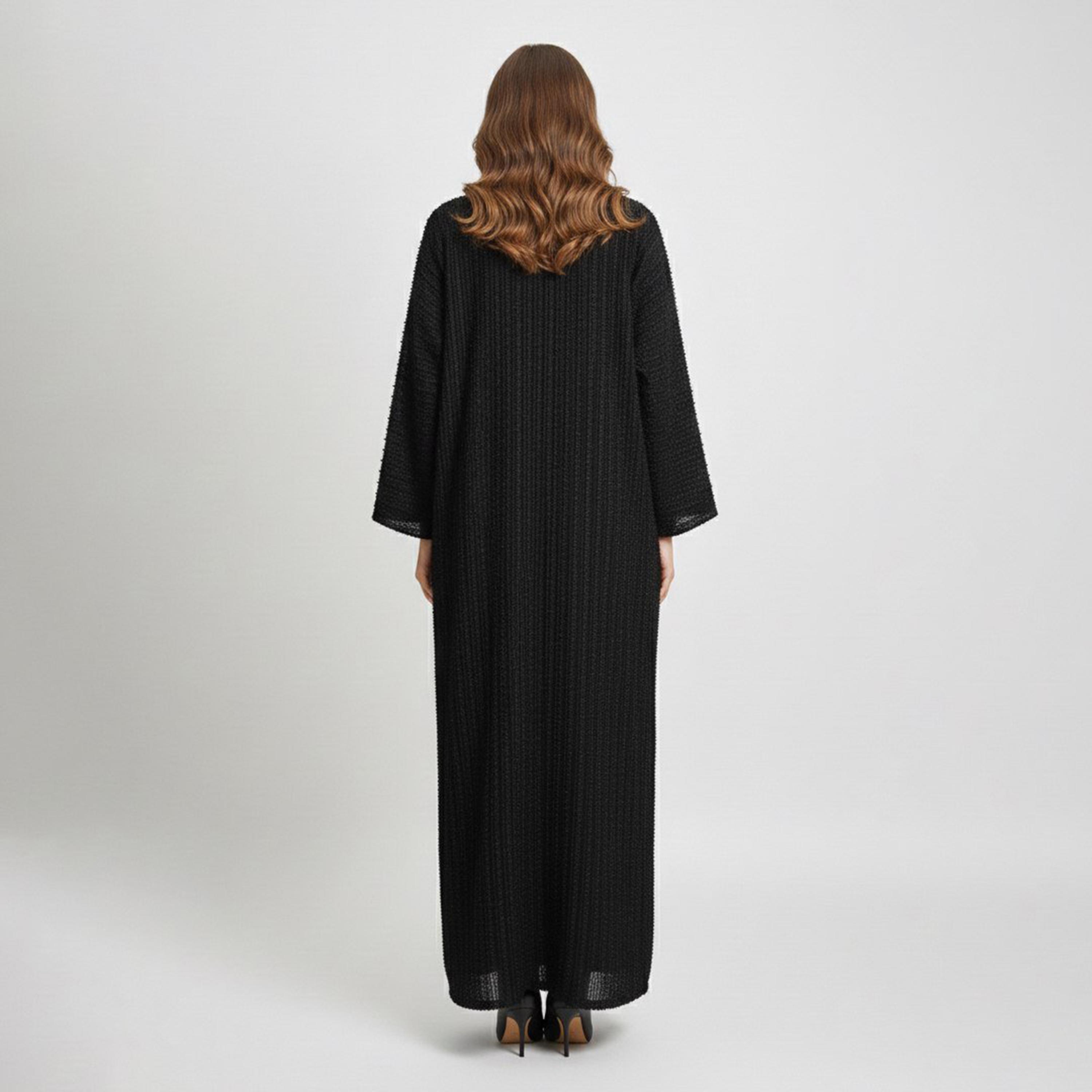 عباية "رُبع بشت" كتان بقماش "تيكستشرد" نسائية - أسود من لمحة-women-arabicclothing-abayas-image-4