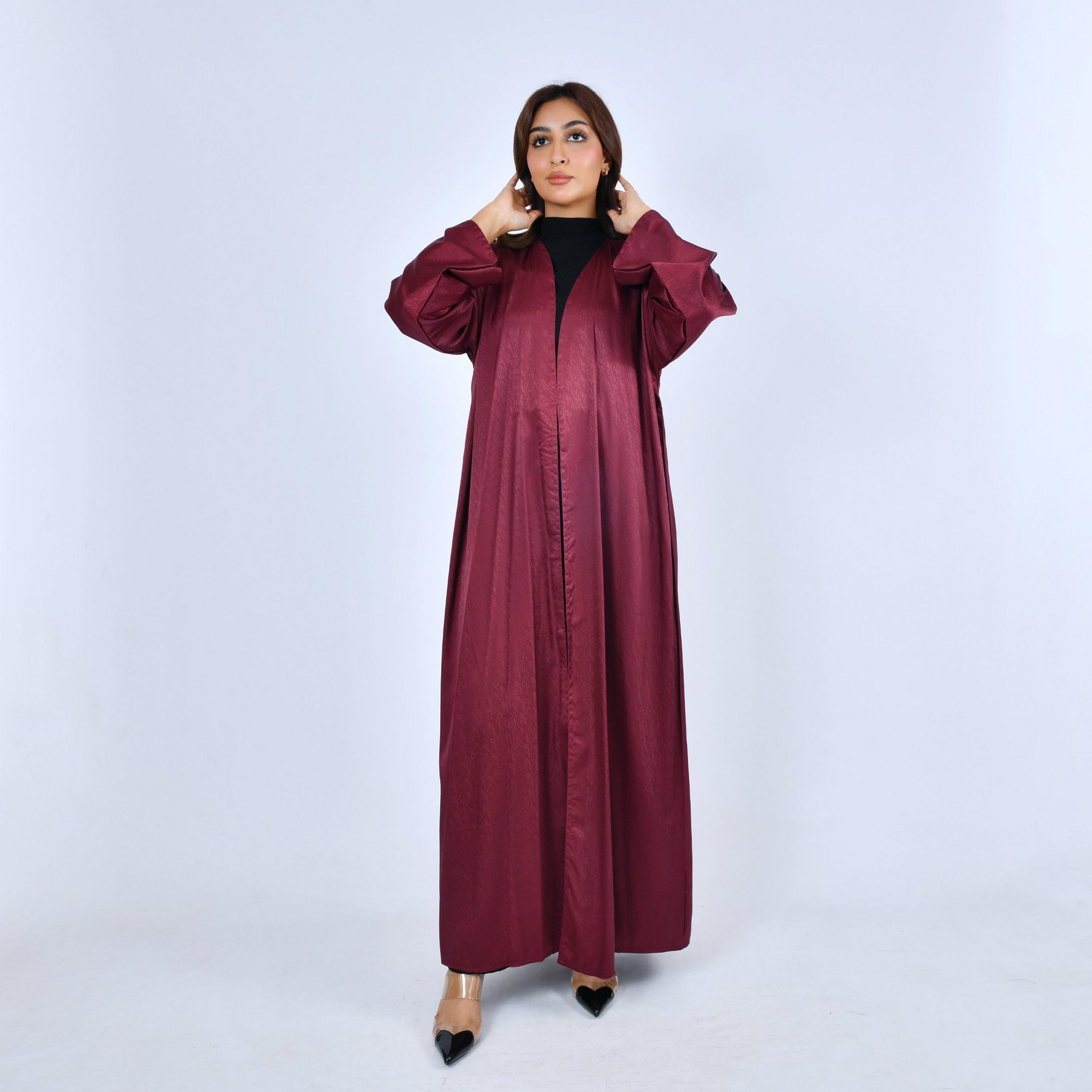 Lamha Maroon Subtle Sheen Linen Women's Abaya-women-arabicclothing-abayas-image-1