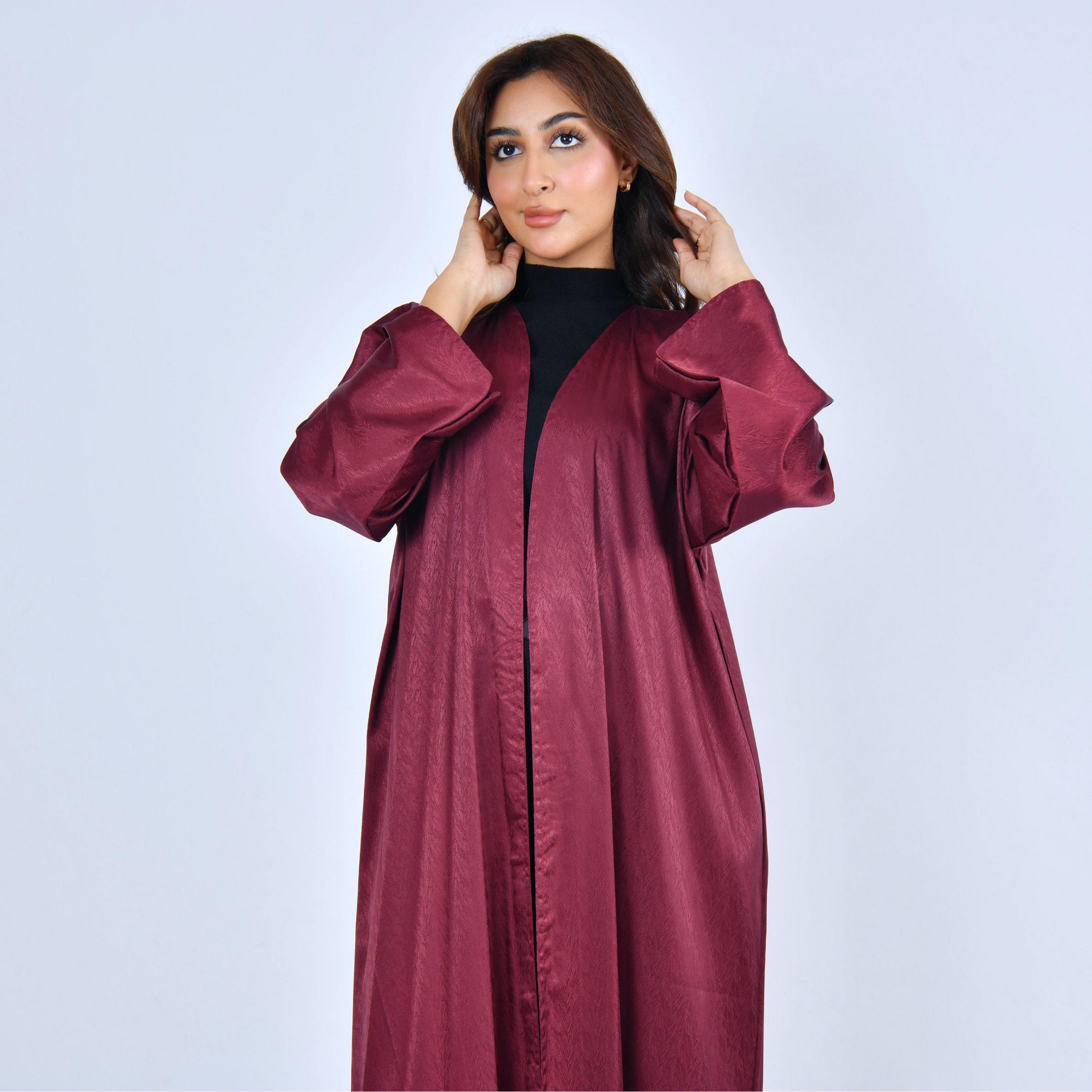 Lamha Maroon Subtle Sheen Linen Women's Abaya-women-arabicclothing-abayas-image-2