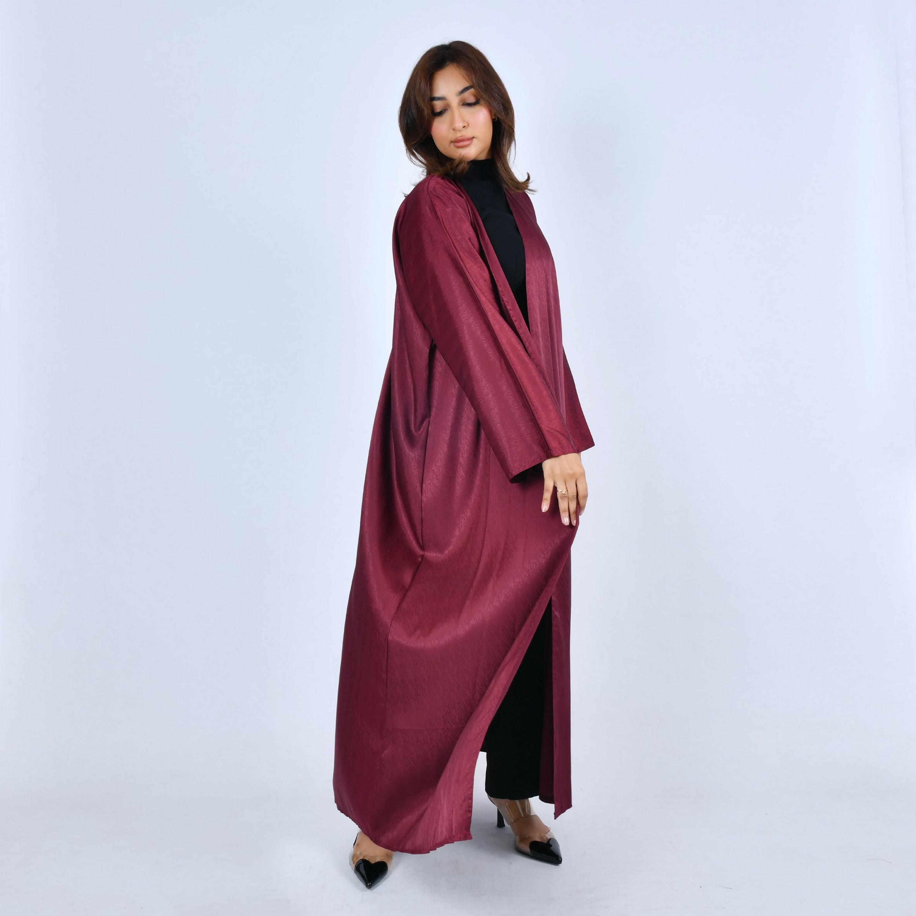 Lamha Maroon Subtle Sheen Linen Women's Abaya-women-arabicclothing-abayas-image-3
