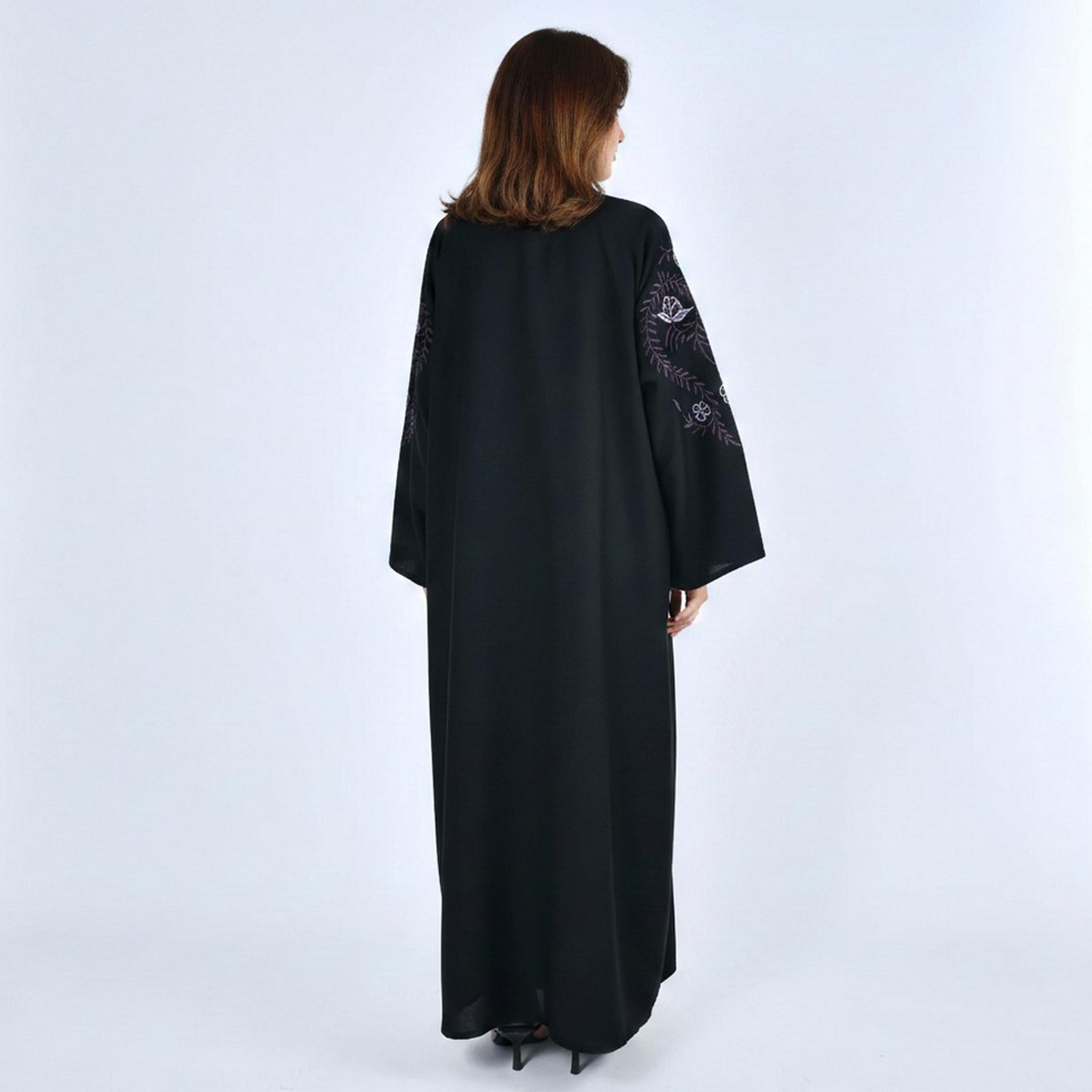 عباية كتان بأكمام مطرزة نسائية - أسود من لمحة-women-arabicclothing-abayas-image-5