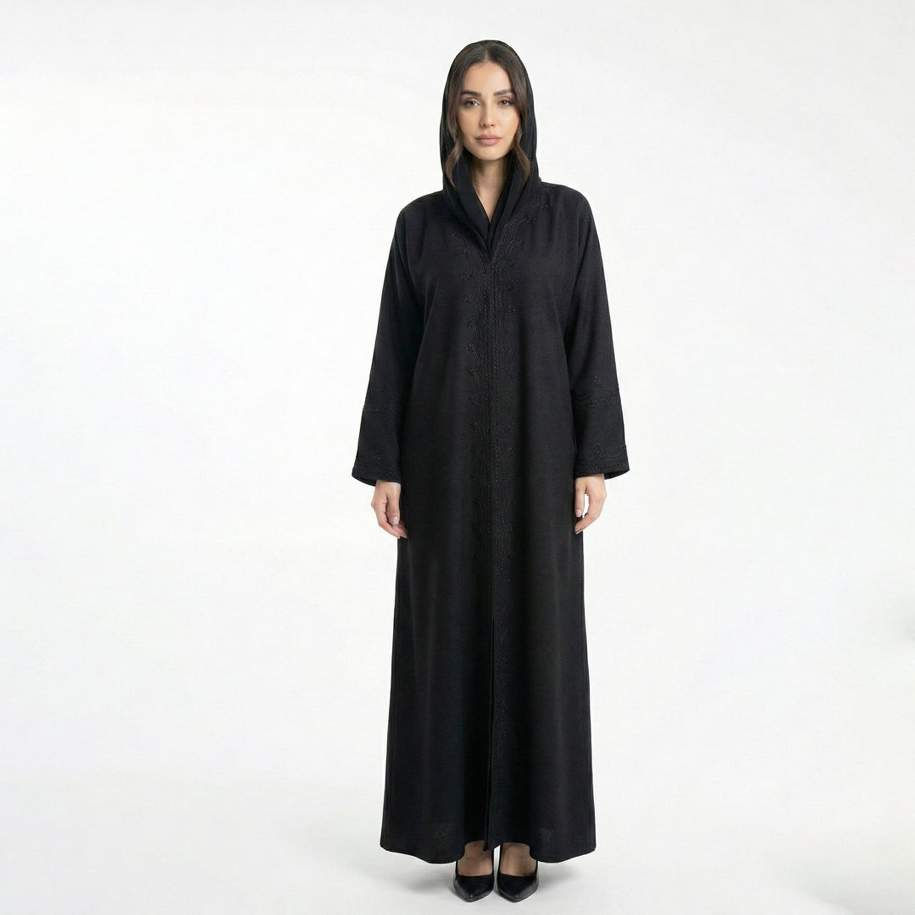 Lamha Black Embroidered Linen Women's Abaya with Hijab-women-arabicclothing-abayas-image-1
