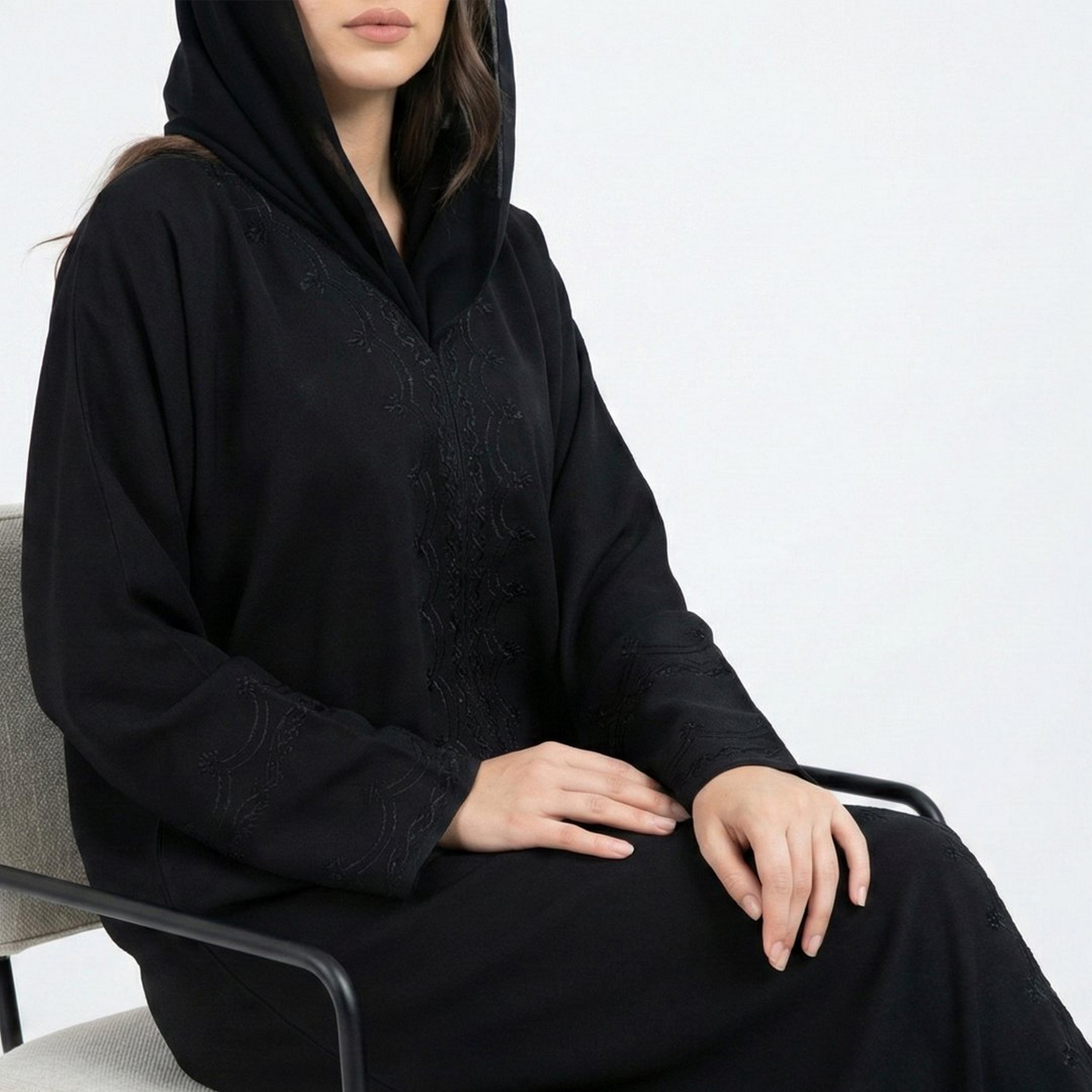 Lamha Black Embroidered Linen Women's Abaya with Hijab-women-arabicclothing-abayas-image-2