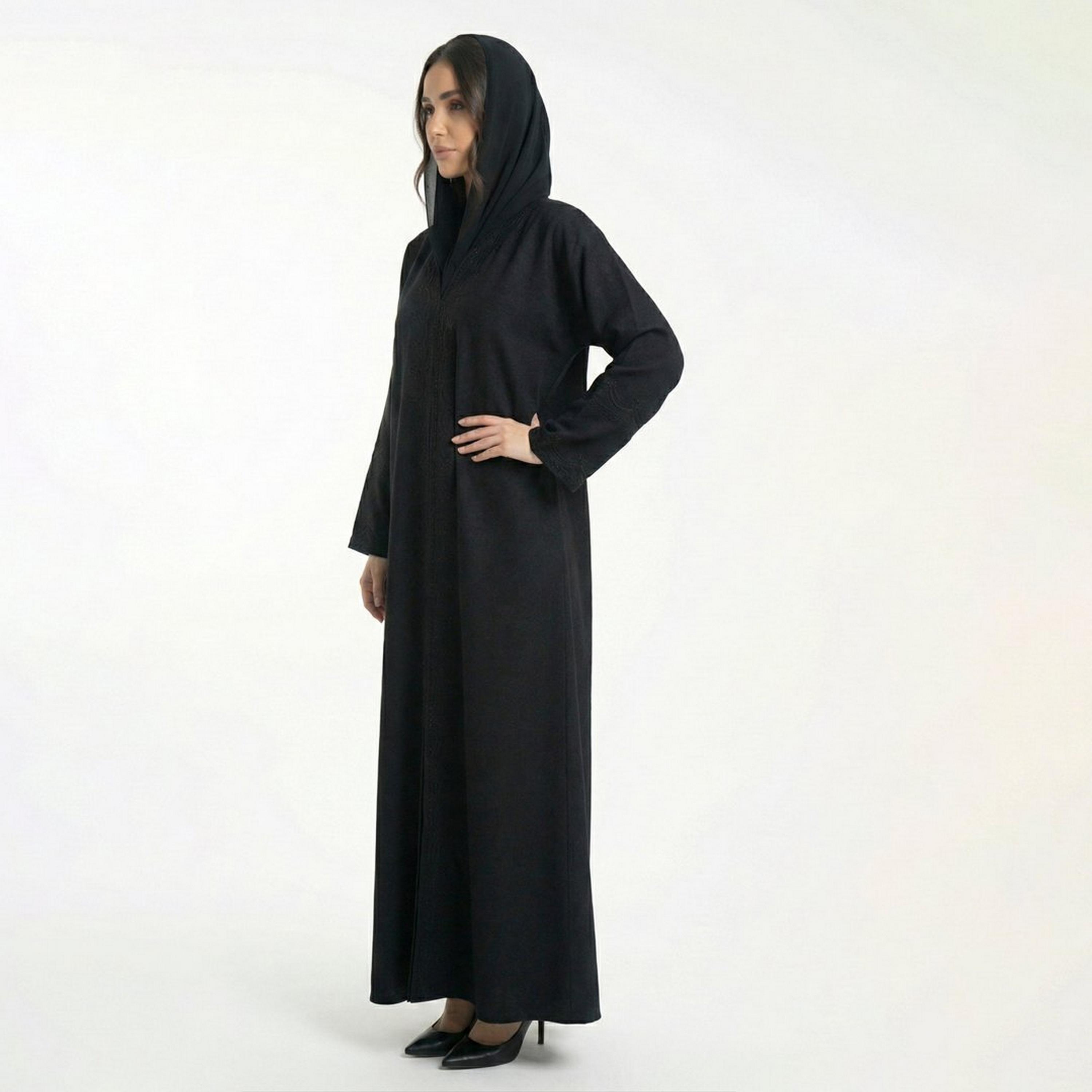 Lamha Black Embroidered Linen Women's Abaya with Hijab-women-arabicclothing-abayas-image-4