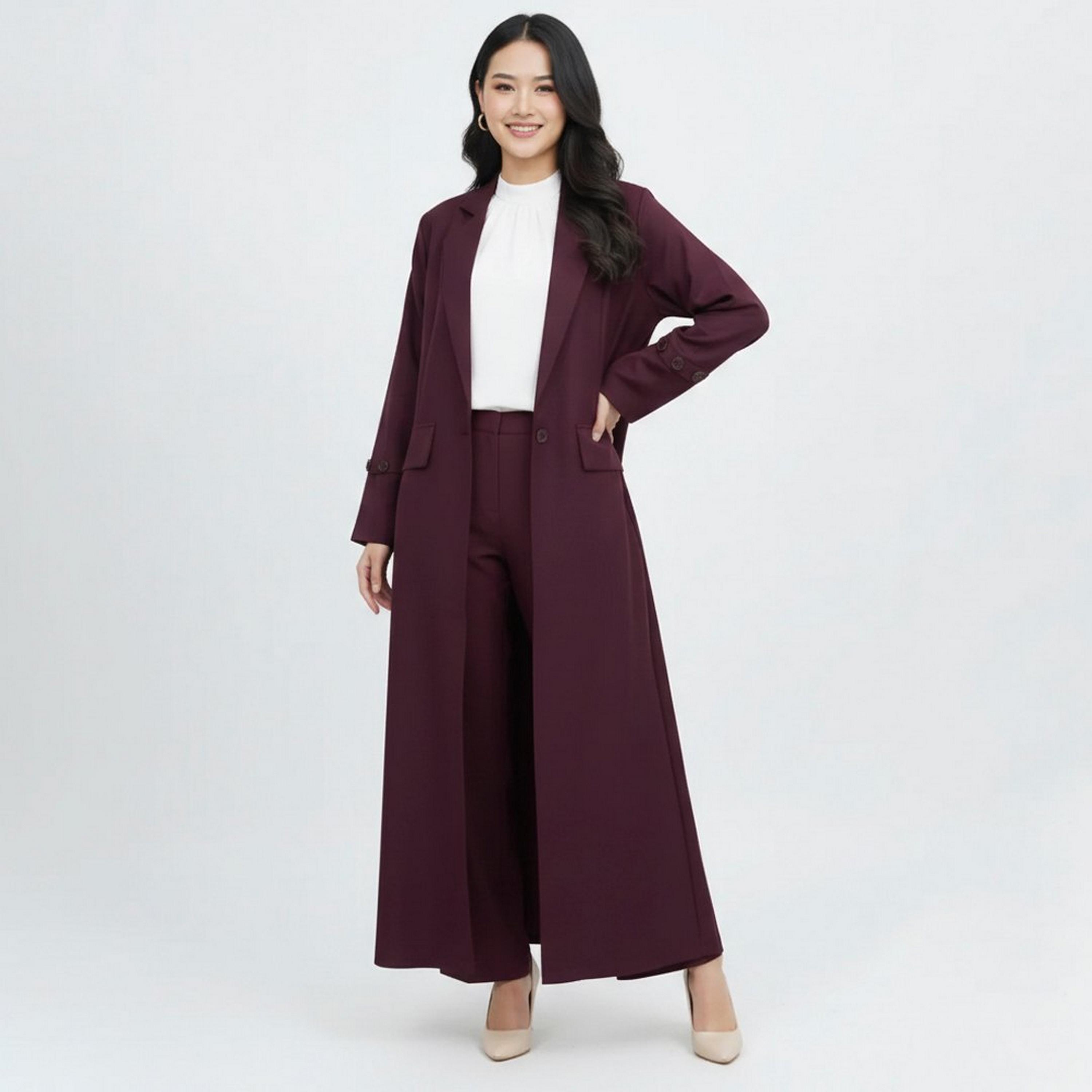 عباية رسمية "بلايزر ستايل" بياقة "لابل" كتان نسائية - بورغندي من لمحة-women-arabicclothing-abayas-image-1