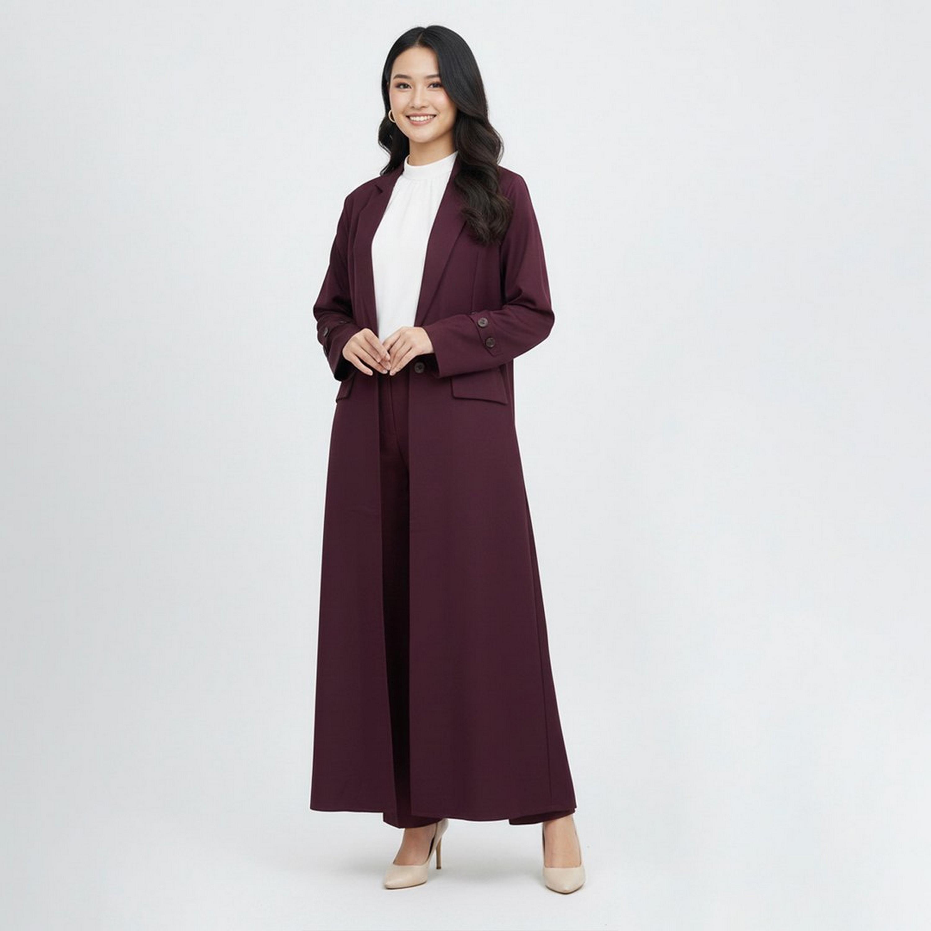 عباية رسمية "بلايزر ستايل" بياقة "لابل" كتان نسائية - بورغندي من لمحة-women-arabicclothing-abayas-image-4