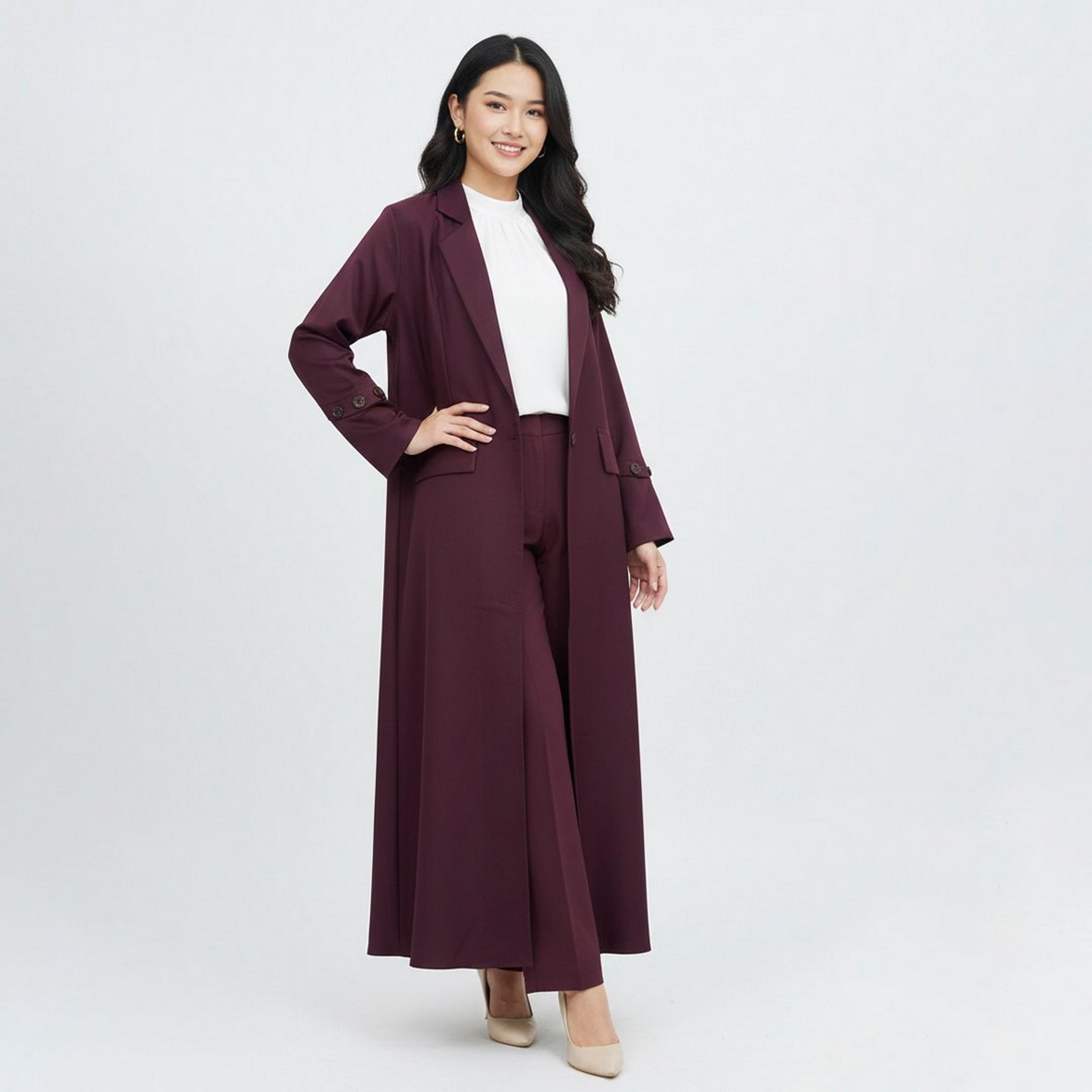 عباية رسمية "بلايزر ستايل" بياقة "لابل" كتان نسائية - بورغندي من لمحة-women-arabicclothing-abayas-image-5
