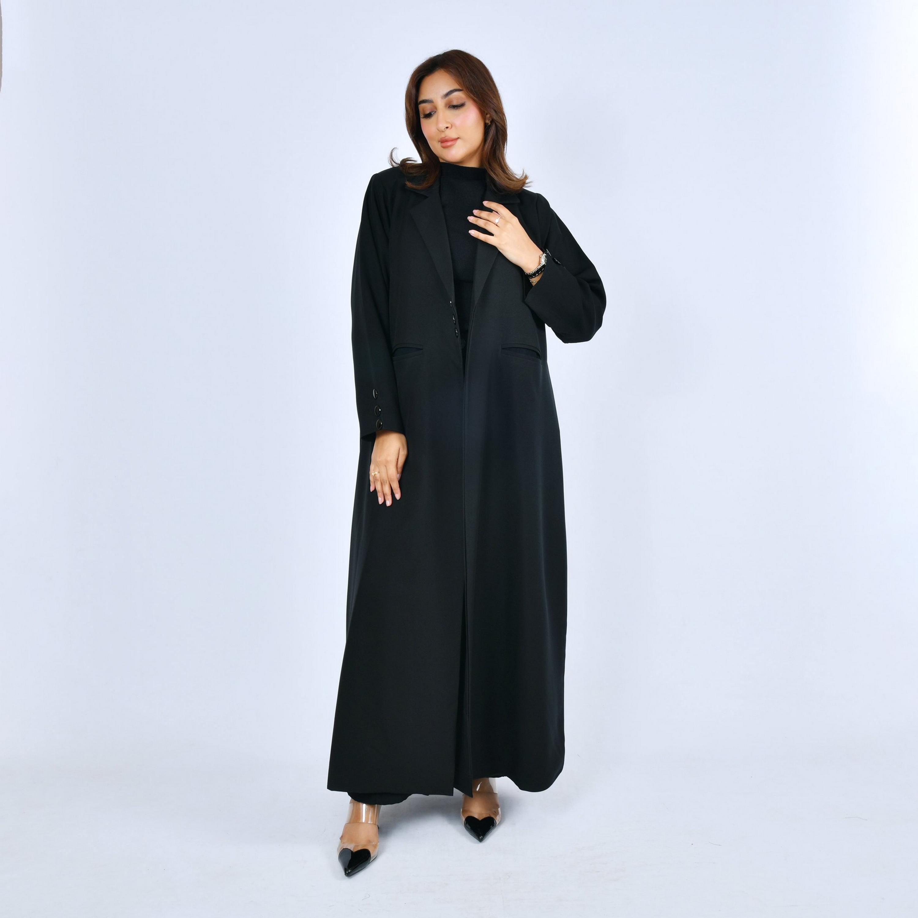 Lamha Black Lapel Collar Linen Women's Formal Blazer Style Abaya-women-arabicclothing-abayas-image-1