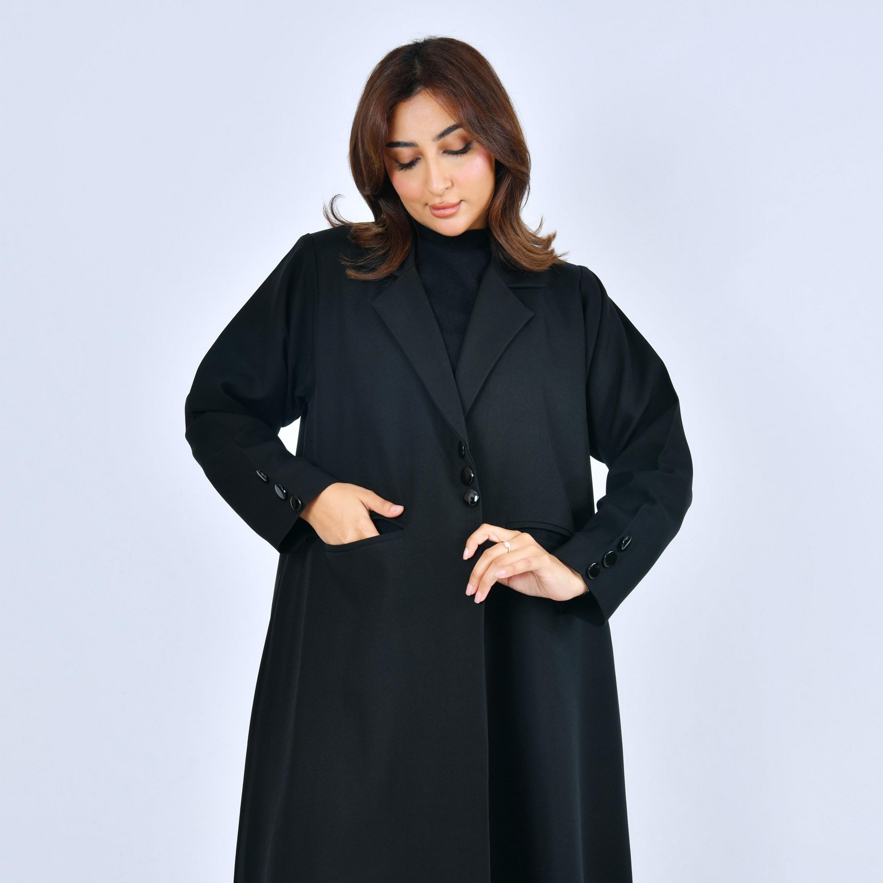Lamha Black Lapel Collar Linen Women's Formal Blazer Style Abaya-women-arabicclothing-abayas-image-2