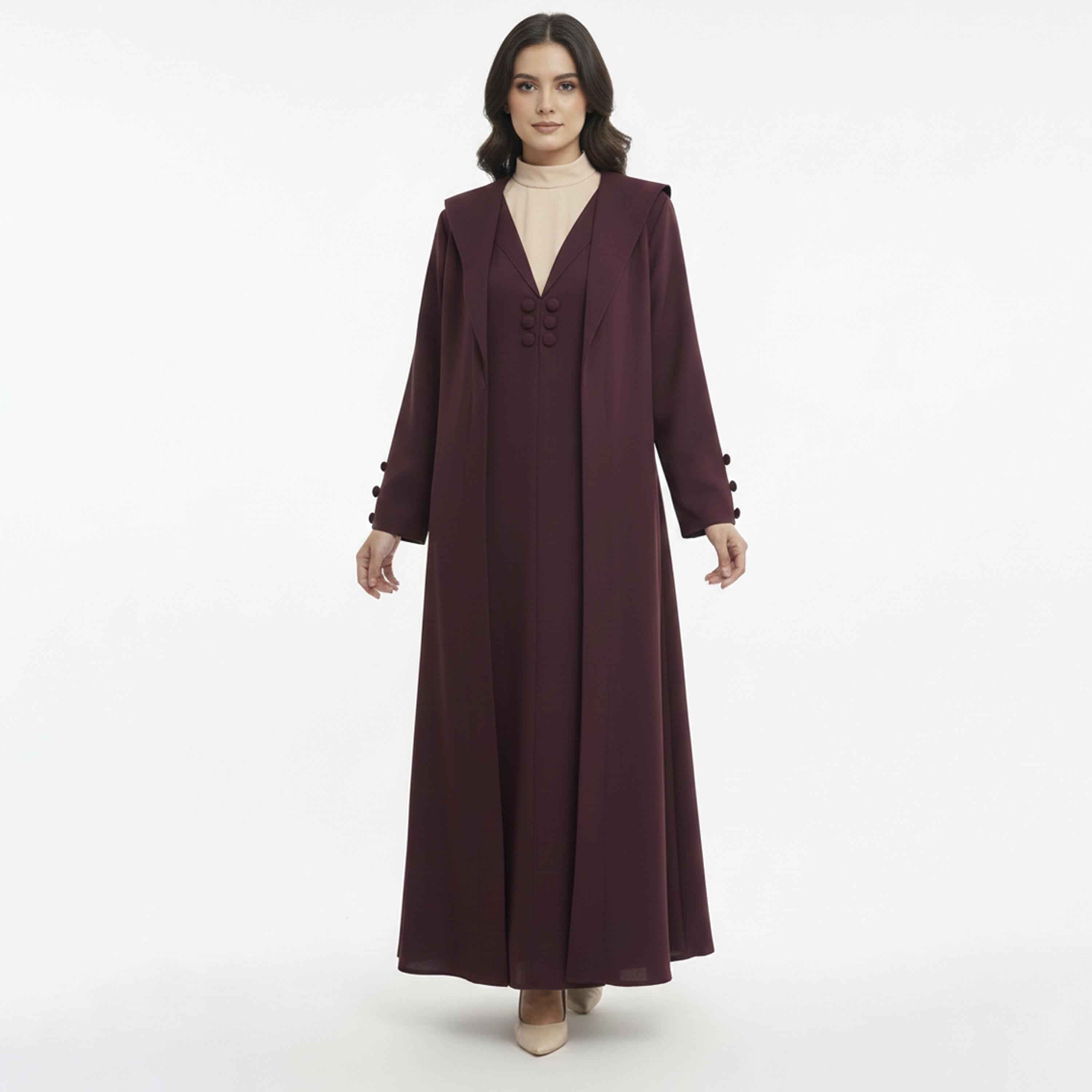 Lamha Burgundy Lapel Collar Linen Women's Formal Blazer Style Abaya with Inner Dress-women-arabicclothing-abayas-image-1
