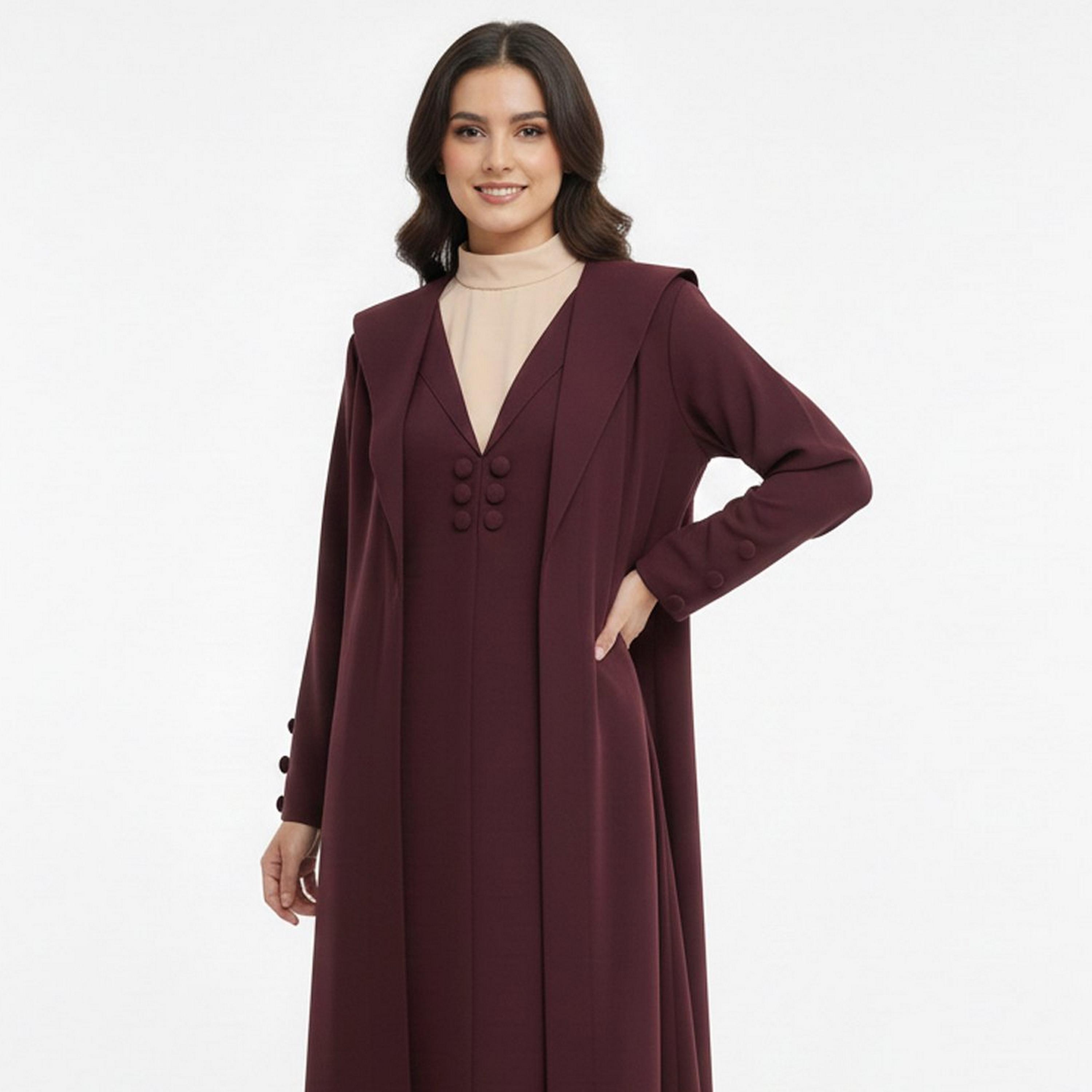 Lamha Burgundy Lapel Collar Linen Women's Formal Blazer Style Abaya with Inner Dress-women-arabicclothing-abayas-image-2