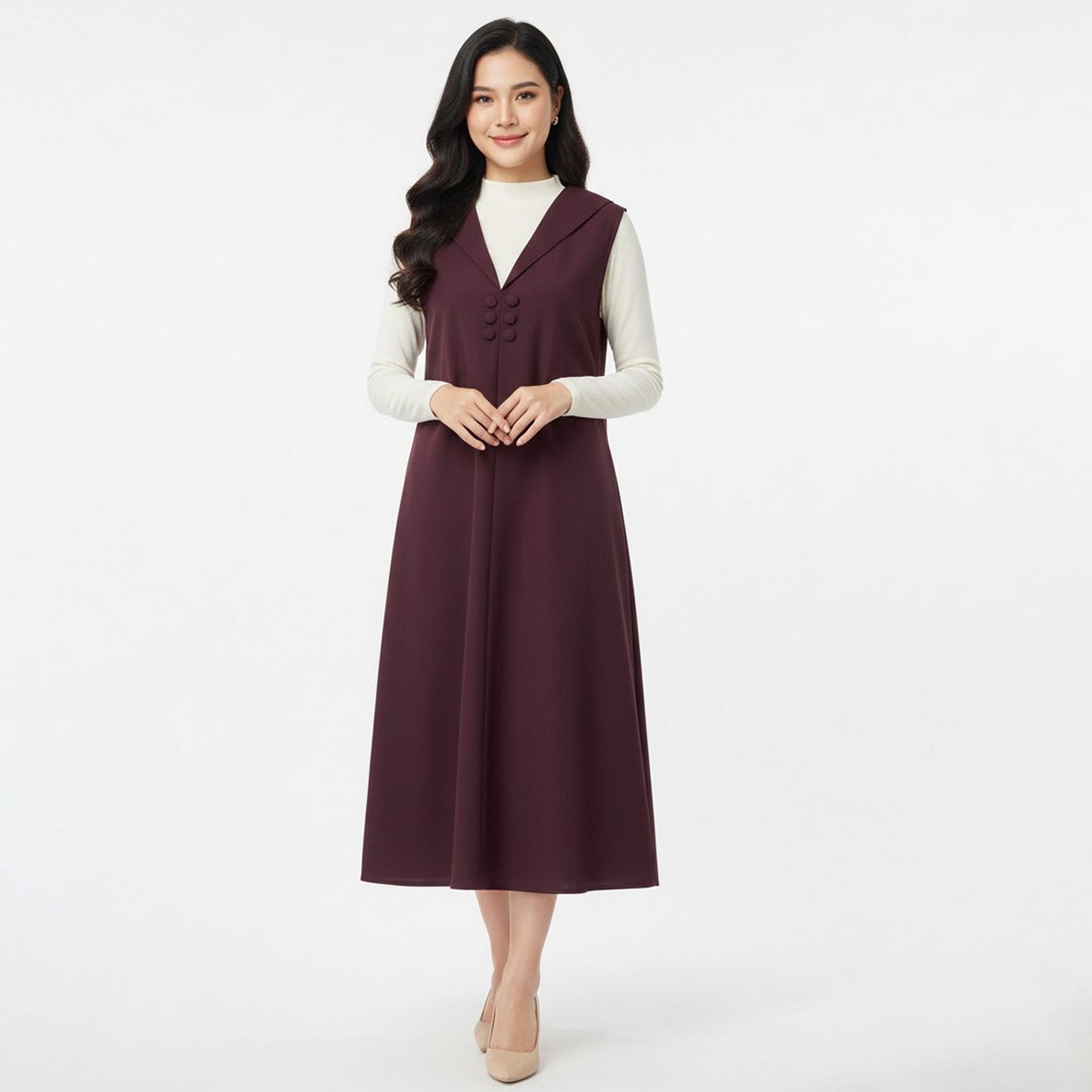 Lamha Burgundy Lapel Collar Linen Women's Formal Blazer Style Abaya with Inner Dress-women-arabicclothing-abayas-image-3