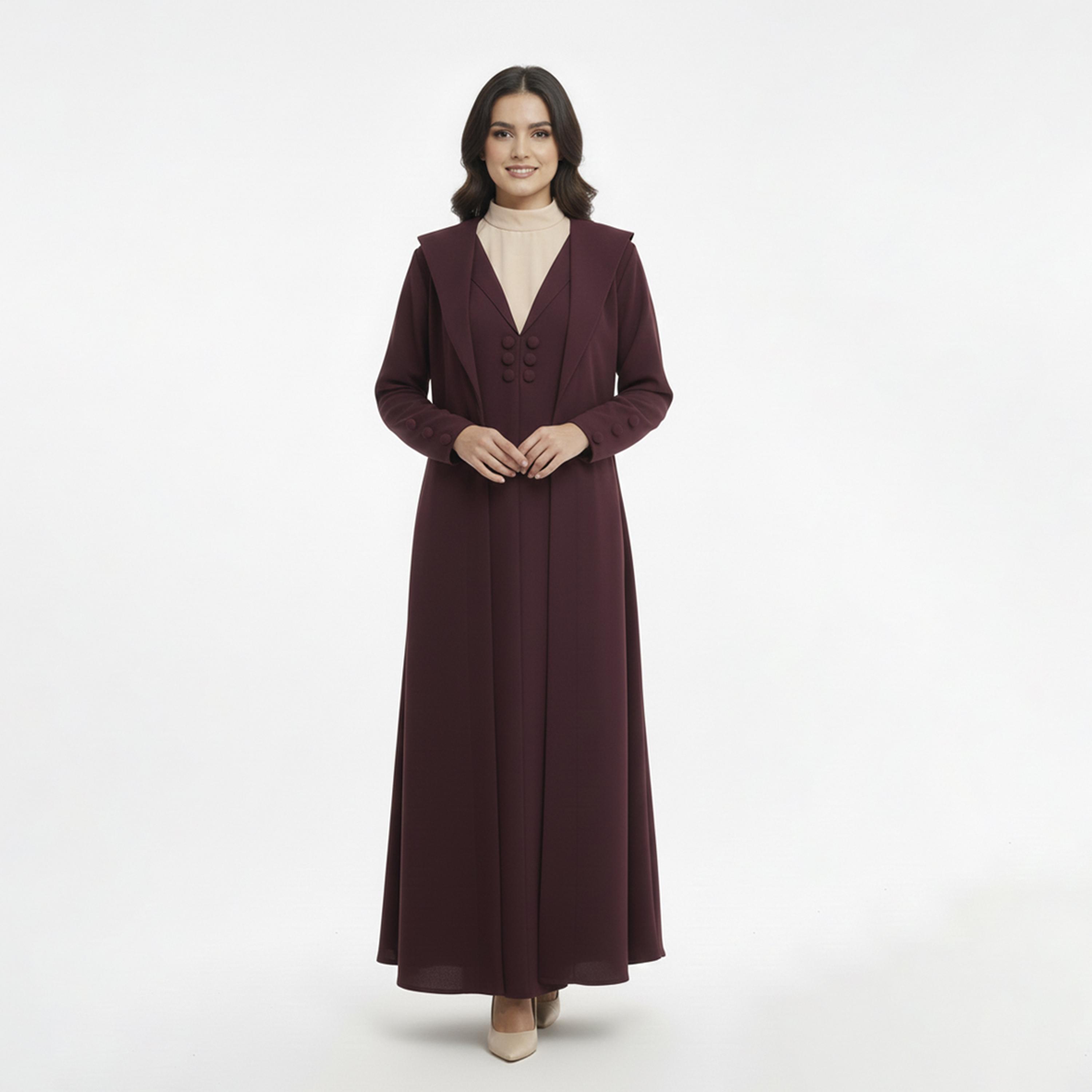 Lamha Burgundy Lapel Collar Linen Women's Formal Blazer Style Abaya with Inner Dress-women-arabicclothing-abayas-image-4