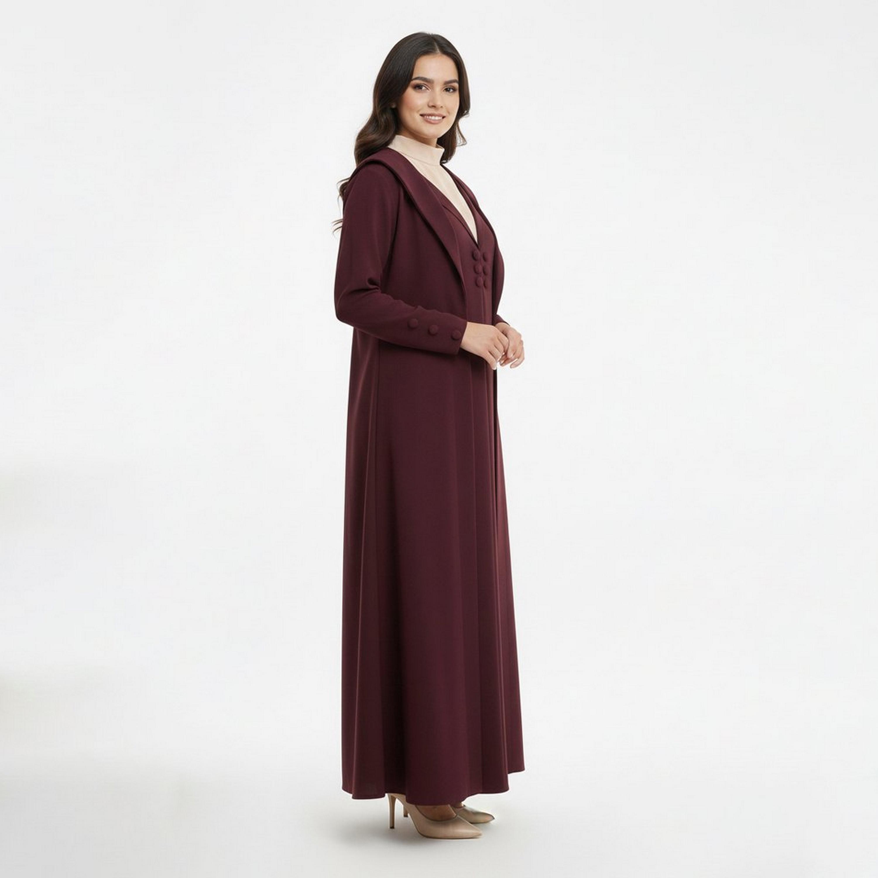 Lamha Burgundy Lapel Collar Linen Women's Formal Blazer Style Abaya with Inner Dress-women-arabicclothing-abayas-image-5
