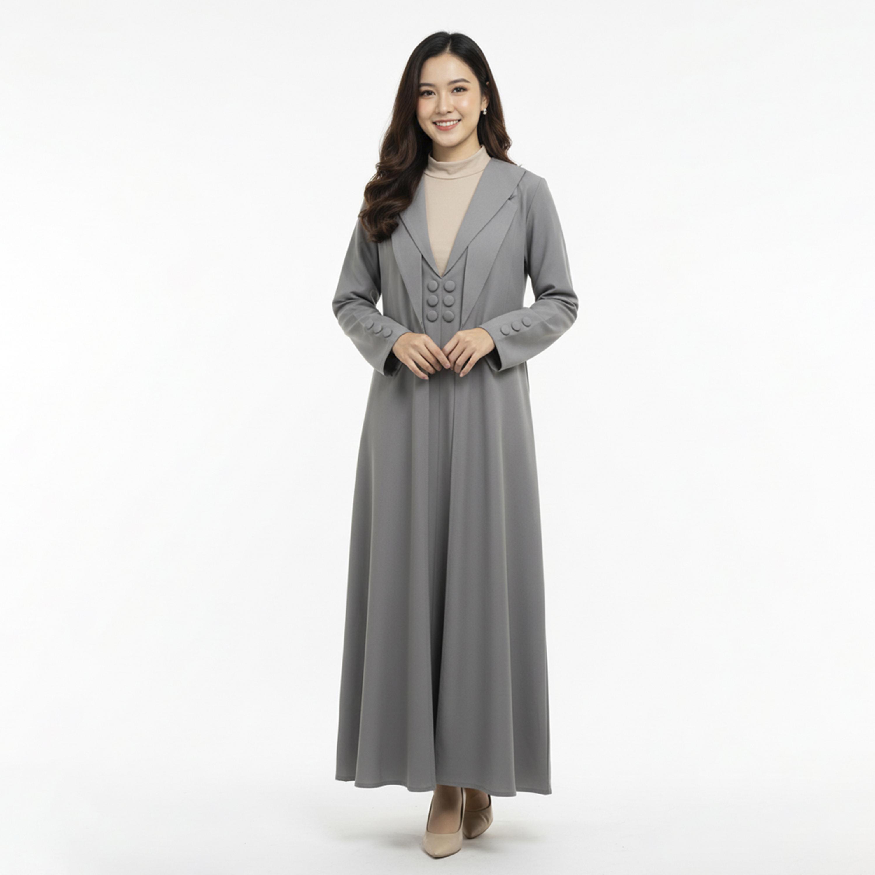 Lamha Light Grey Lapel Collar Linen Women's Formal Blazer Style Abaya with Inner Dress-women-arabicclothing-abayas-image-1