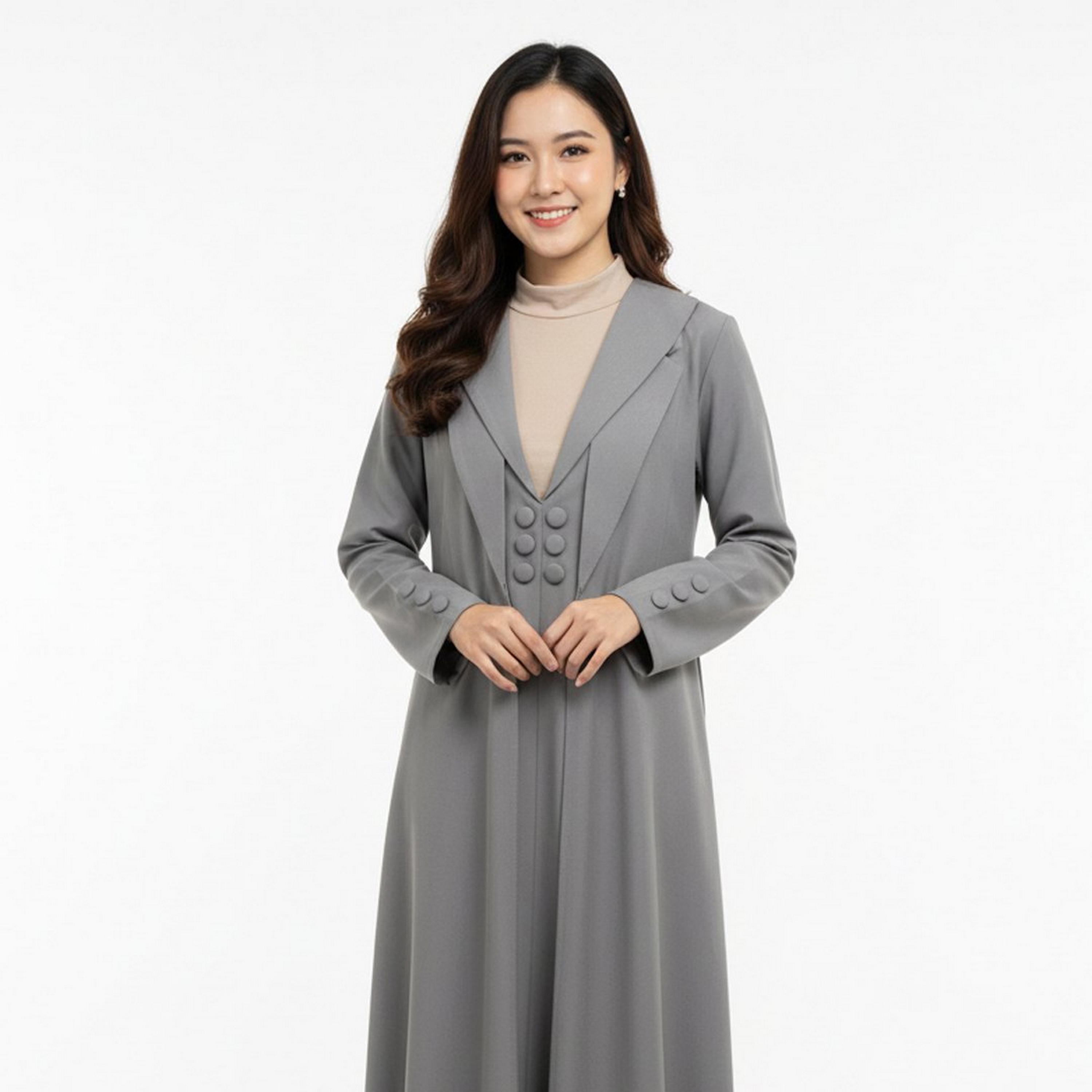 Lamha Light Grey Lapel Collar Linen Women's Formal Blazer Style Abaya with Inner Dress-women-arabicclothing-abayas-image-2