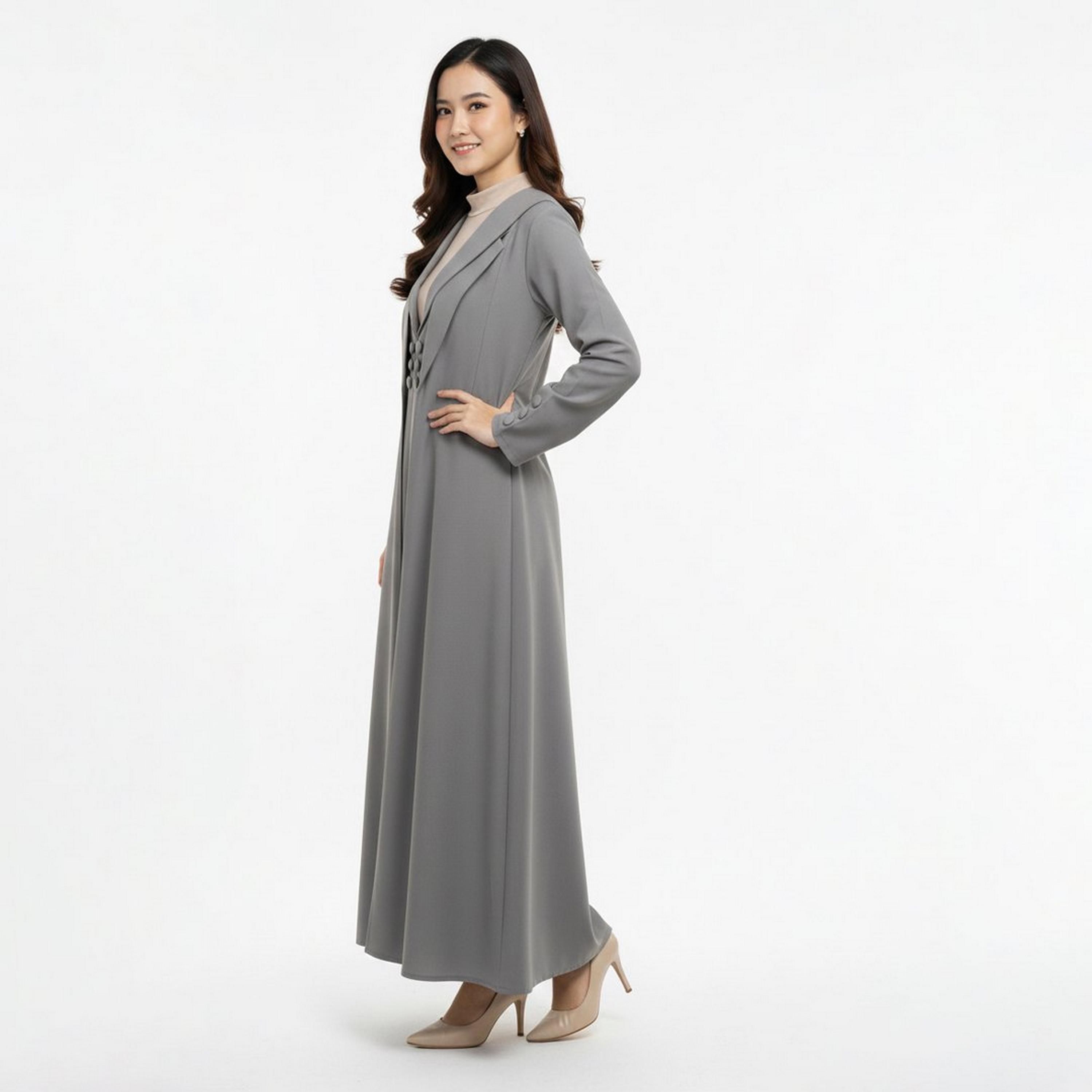 Lamha Light Grey Lapel Collar Linen Women's Formal Blazer Style Abaya with Inner Dress-women-arabicclothing-abayas-image-3