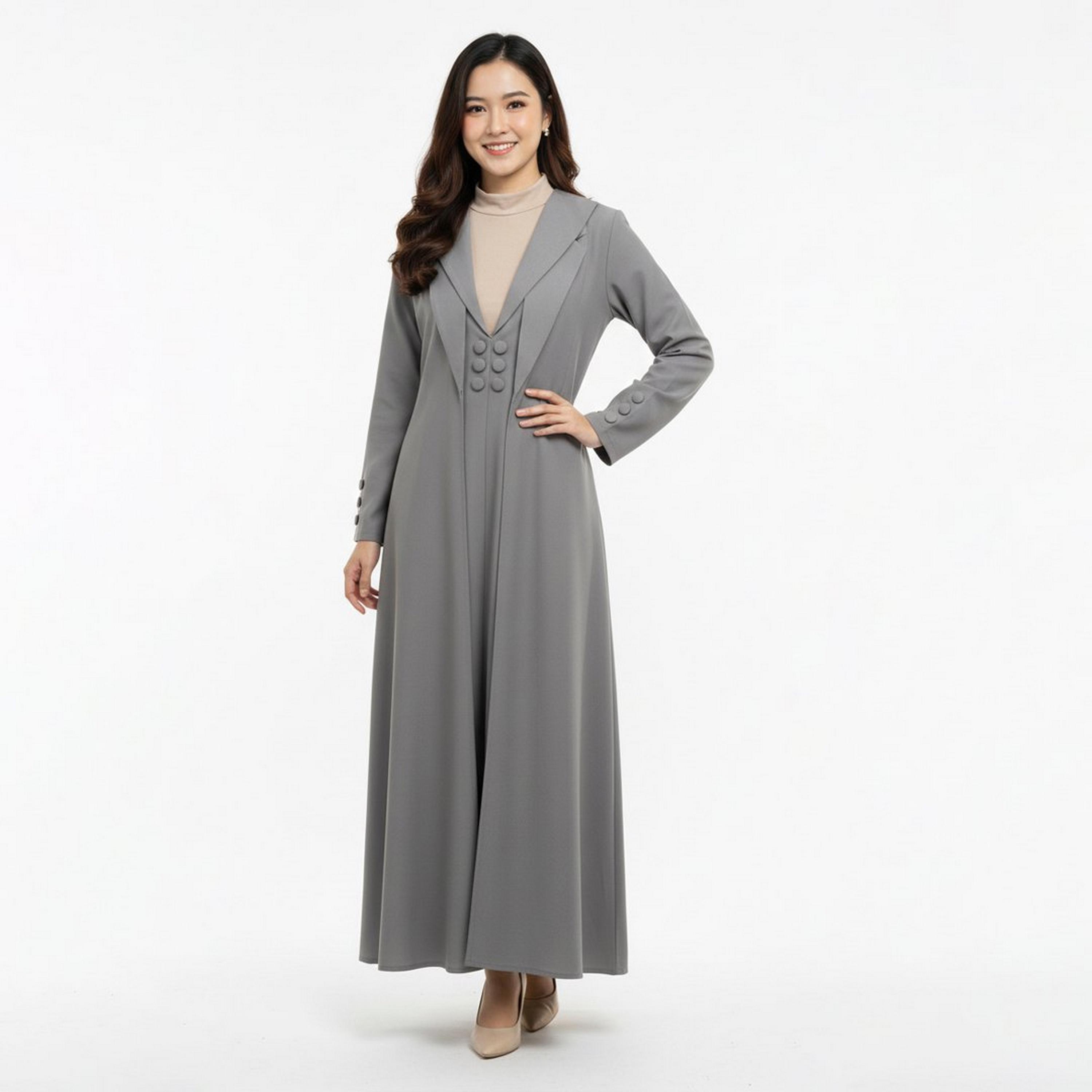 Lamha Light Grey Lapel Collar Linen Women's Formal Blazer Style Abaya with Inner Dress-women-arabicclothing-abayas-image-4