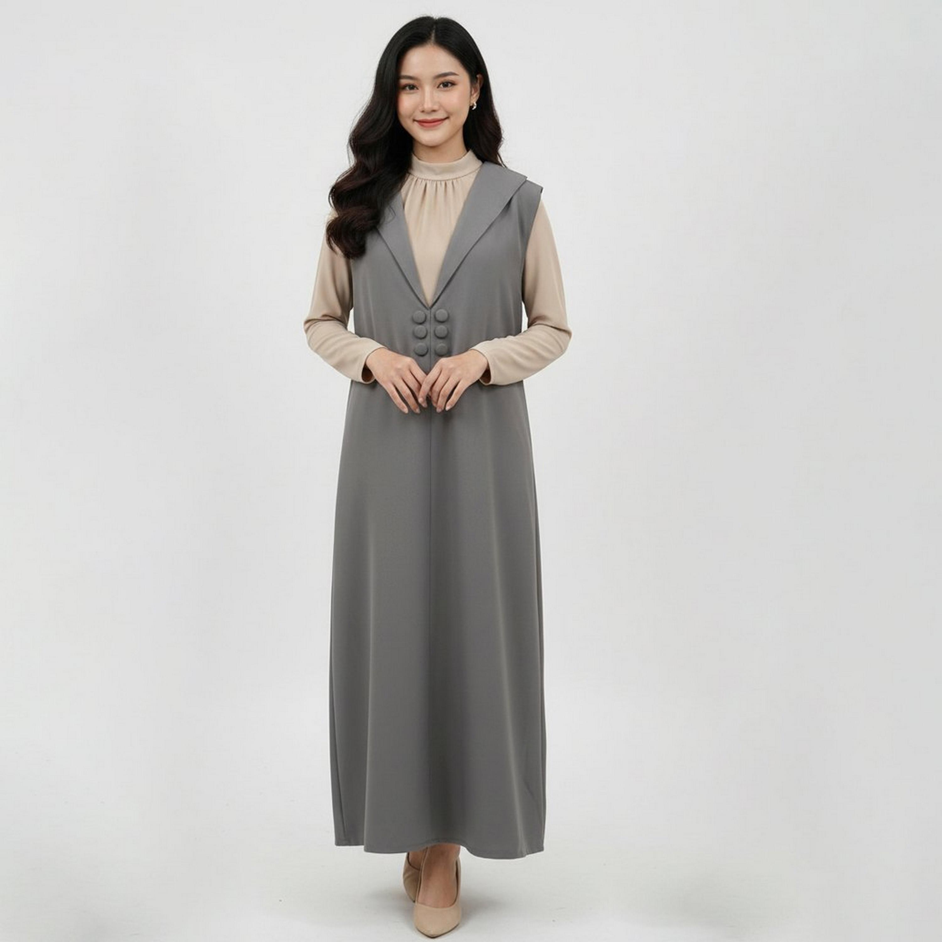Lamha Light Grey Lapel Collar Linen Women's Formal Blazer Style Abaya with Inner Dress-women-arabicclothing-abayas-image-5